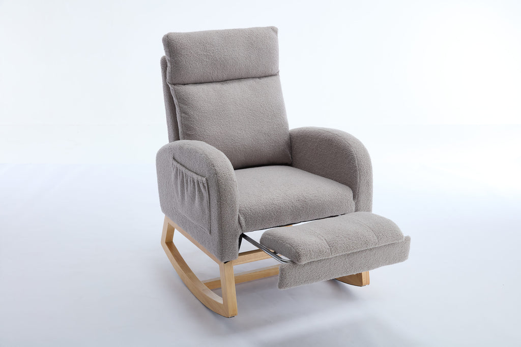 015B-Teddy Fabric Leisure Rocking Chair,Nursery Rocking Chair With Adjustable Footstool,Thickened Headrest And High Backrest, Storage Pocket On The Right Side,The Base Rocker Is Solid Wood,Light Gray - Grand Goldman Shop