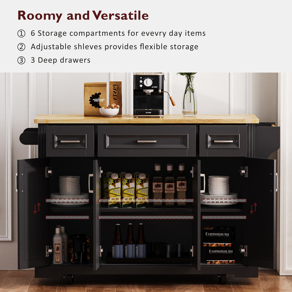 K&K 54inch Large Kitchen Island with Rubber Wood Drop Leaf, Embossed Texture Rolling Kitchen Cart on 4 Wheels with 4 Doors and 3 Drawers, Kitchen Island with Storage for Kitchen, Dining Room,Black - Grand Goldman Shop