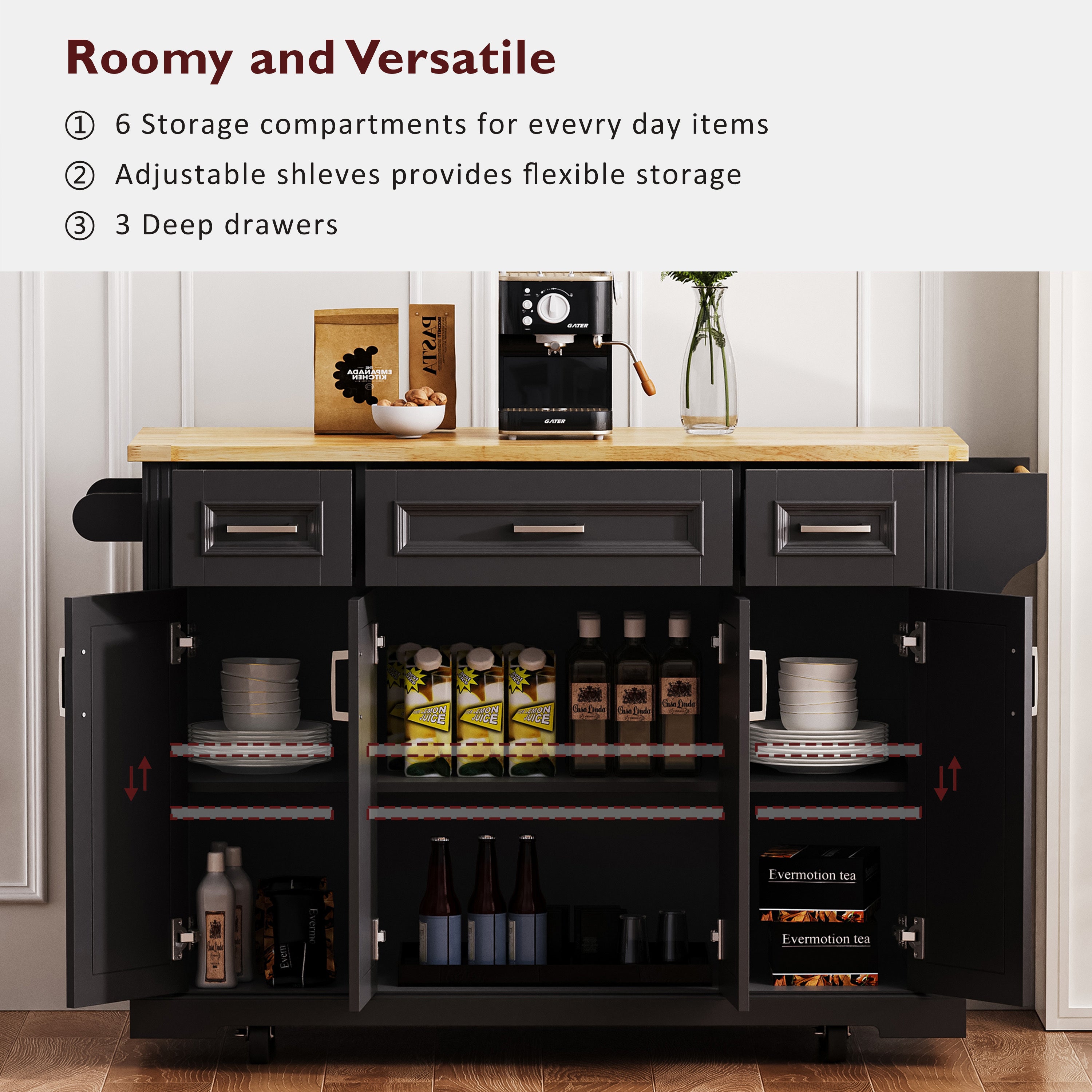 K&K 54inch Large Kitchen Island with Rubber Wood Drop Leaf, Embossed Texture Rolling Kitchen Cart on 4 Wheels with 4 Doors and 3 Drawers, Kitchen Island with Storage for Kitchen, Dining Room,Black - Grand Goldman Shop