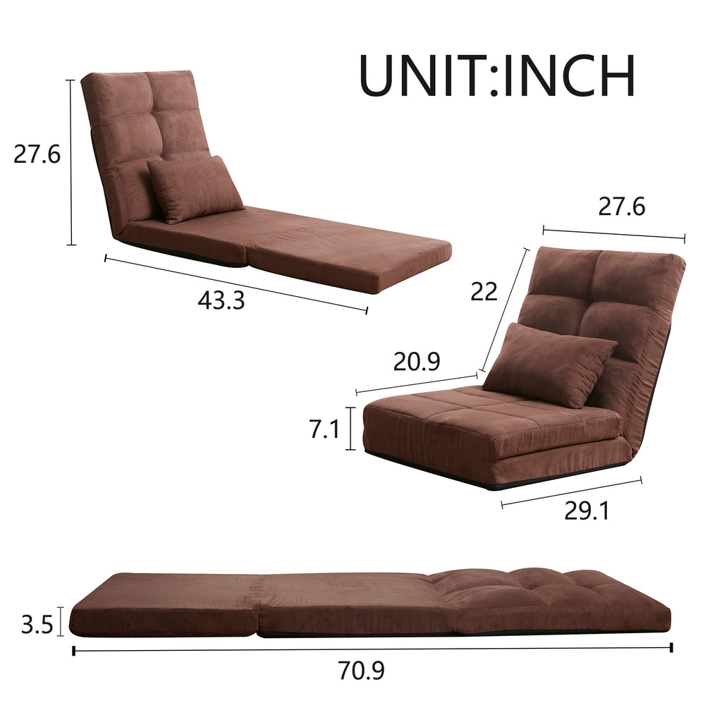 Modern Triple Fold-Down Brown Metal Frame Sofa Bed with 5 Reclining Positions and Pillow – Adjustable Upholstered Floor Couch for Gaming or Guest Room - Grand Goldman Shop