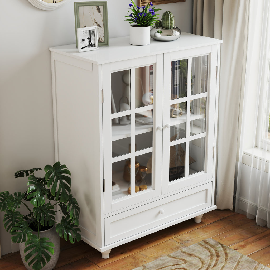 Minimalist White Buffet Cabinet with Double Glass Doors and Drawer, Modern Wooden Storage Sideboard Cupboard for Living room, Dining Room Hallway Entryway - Grand Goldman Shop
