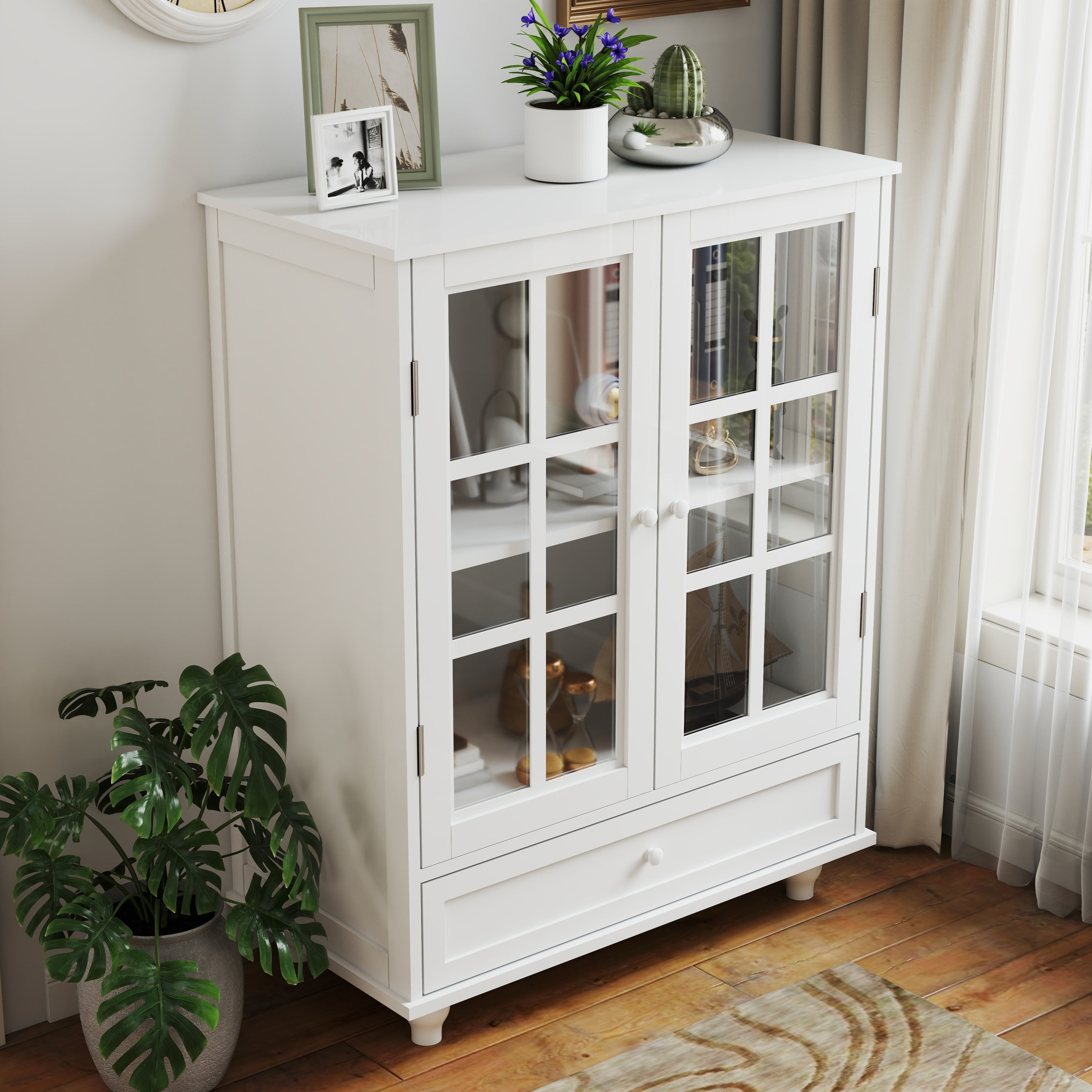 Minimalist White Buffet Cabinet with Double Glass Doors and Drawer, Modern Wooden Storage Sideboard Cupboard for Living room, Dining Room Hallway Entryway - Grand Goldman Shop