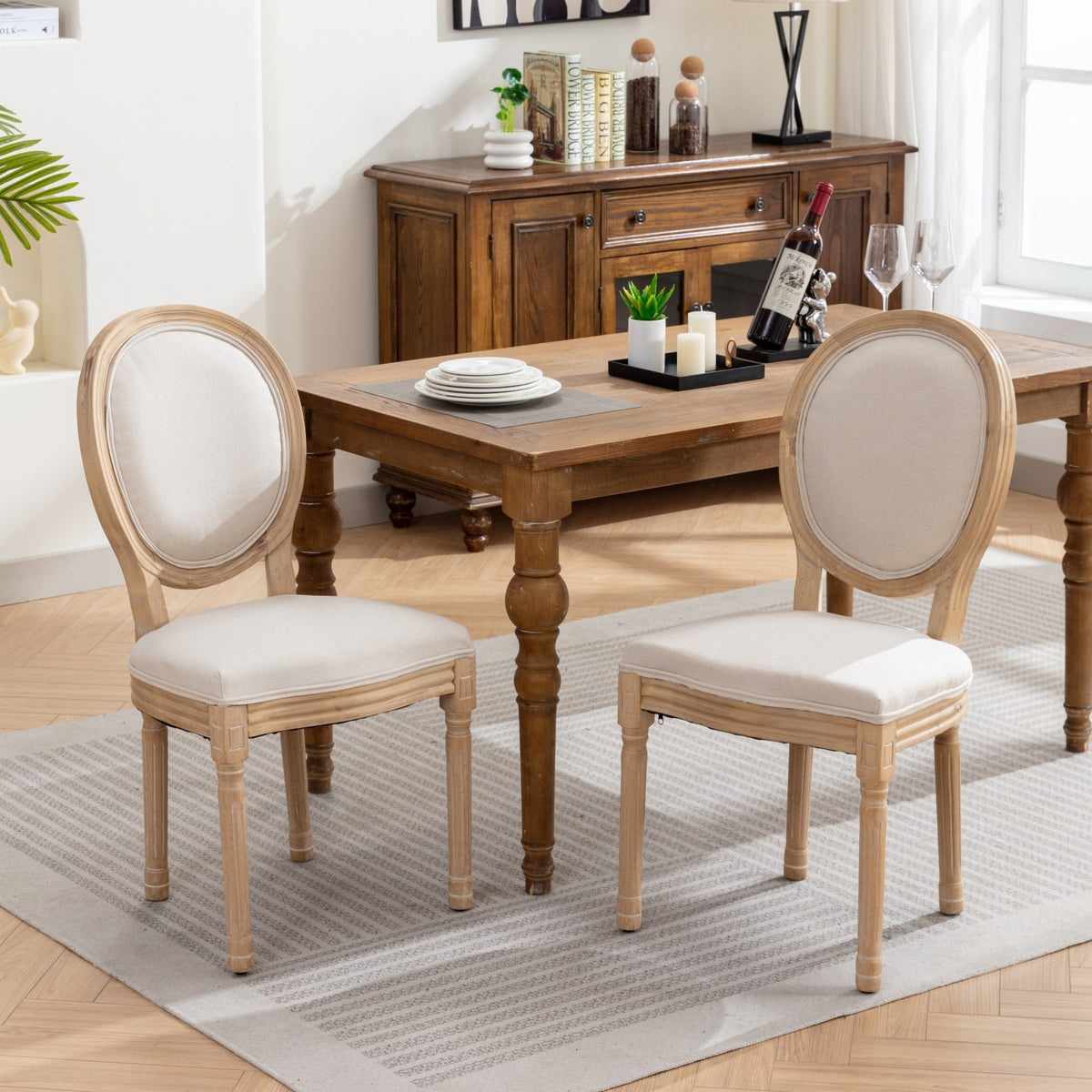 A&A Furniture,French Style Solid Wood Frame Antique Painting Linen Fabric Back Dining Chair,Set of 2,Beige,SW1845BG - Grand Goldman Shop