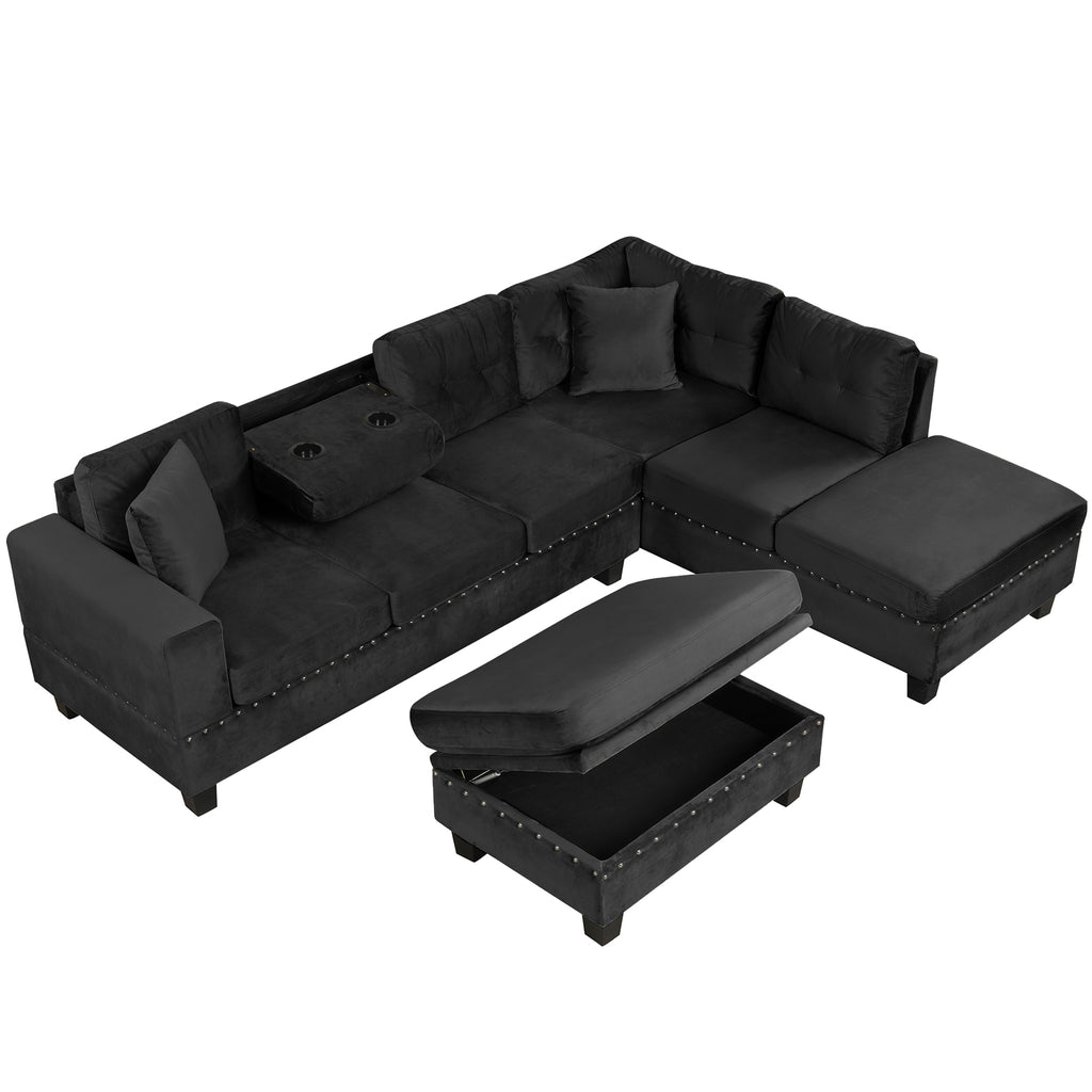 Modern Sectional Sofa with Storage Ottoman, L-Shape Couch with 2 Pillows and Cup Holders, Black Velvet, 105' - Grand Goldman Shop