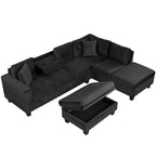 Modern Sectional Sofa with Storage Ottoman, L-Shape Couch with 2 Pillows and Cup Holders, Black Velvet, 105' - Grand Goldman Shop