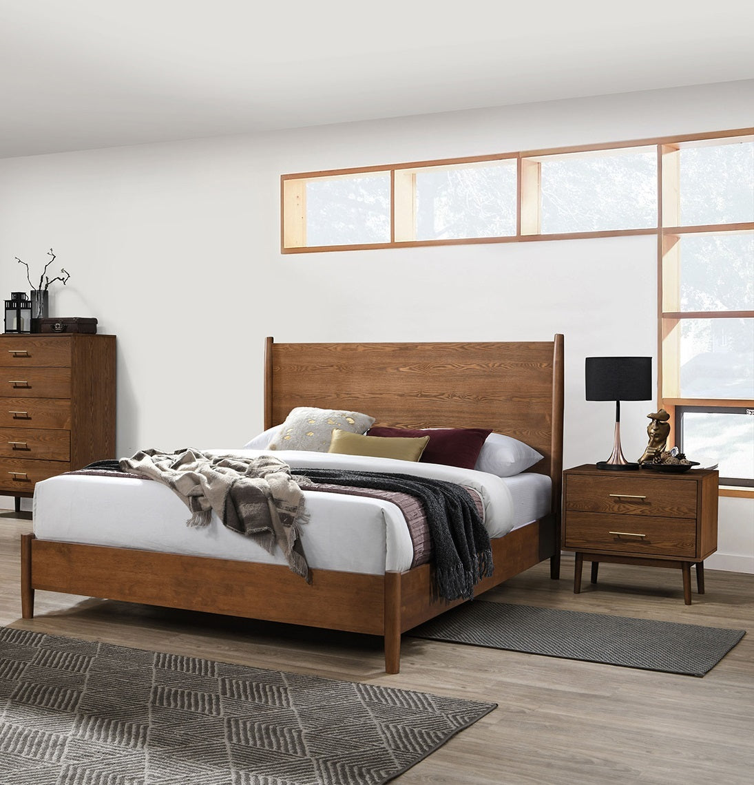 Walnut Color Panel Headboard 3pc Bedroom Set Eastern King Size Bed 2x Nightstands Wooden Mid-Century Modern Style - Grand Goldman Shop