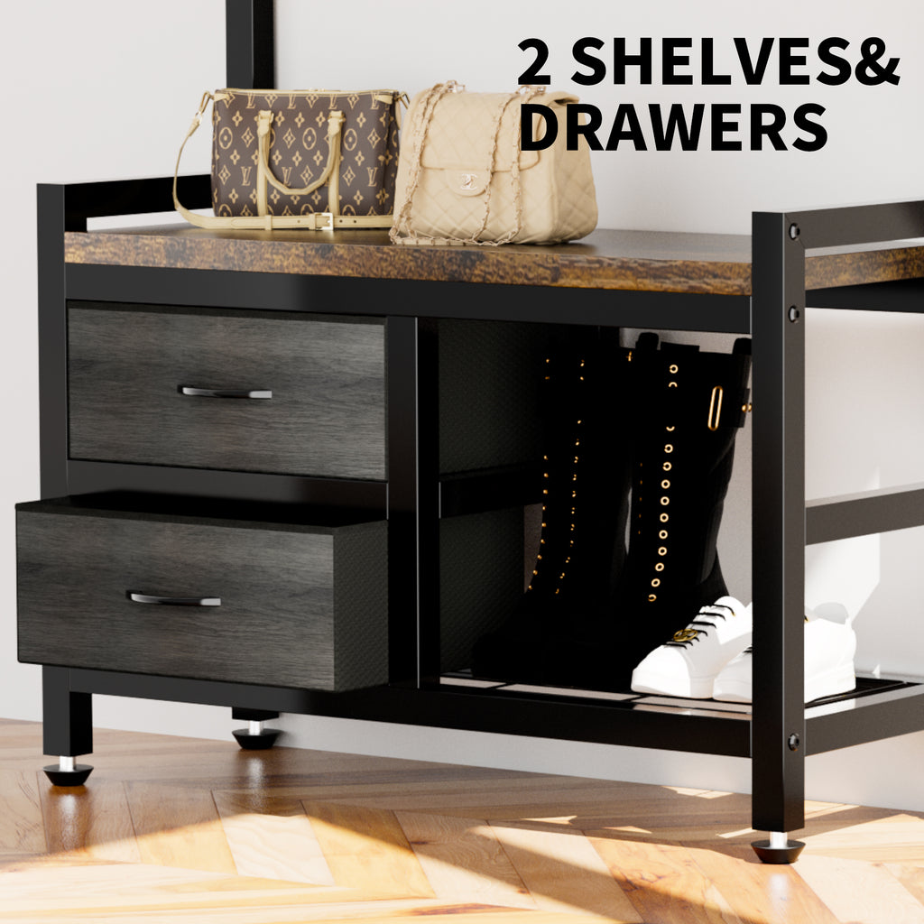 Rustic Brown 33.1' Wide Hall Tree with 2 Movable Drawers, Shoe Storage, Shelves, Garment Racks, and 23 Hooks for Entryway or Corner - Grand Goldman Shop