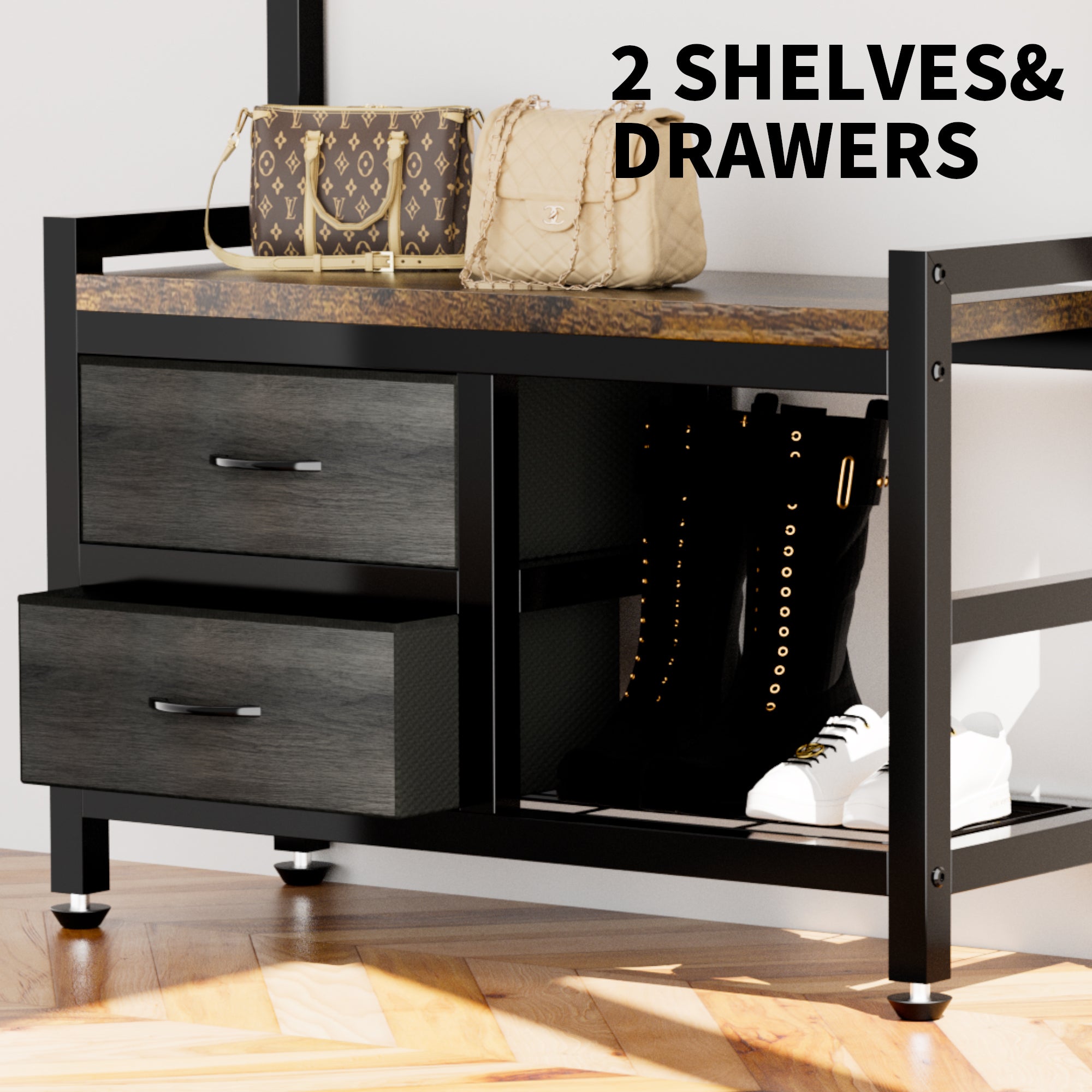 Rustic Brown 33.1' Wide Hall Tree with 2 Movable Drawers, Shoe Storage, Shelves, Garment Racks, and 23 Hooks for Entryway or Corner - Grand Goldman Shop