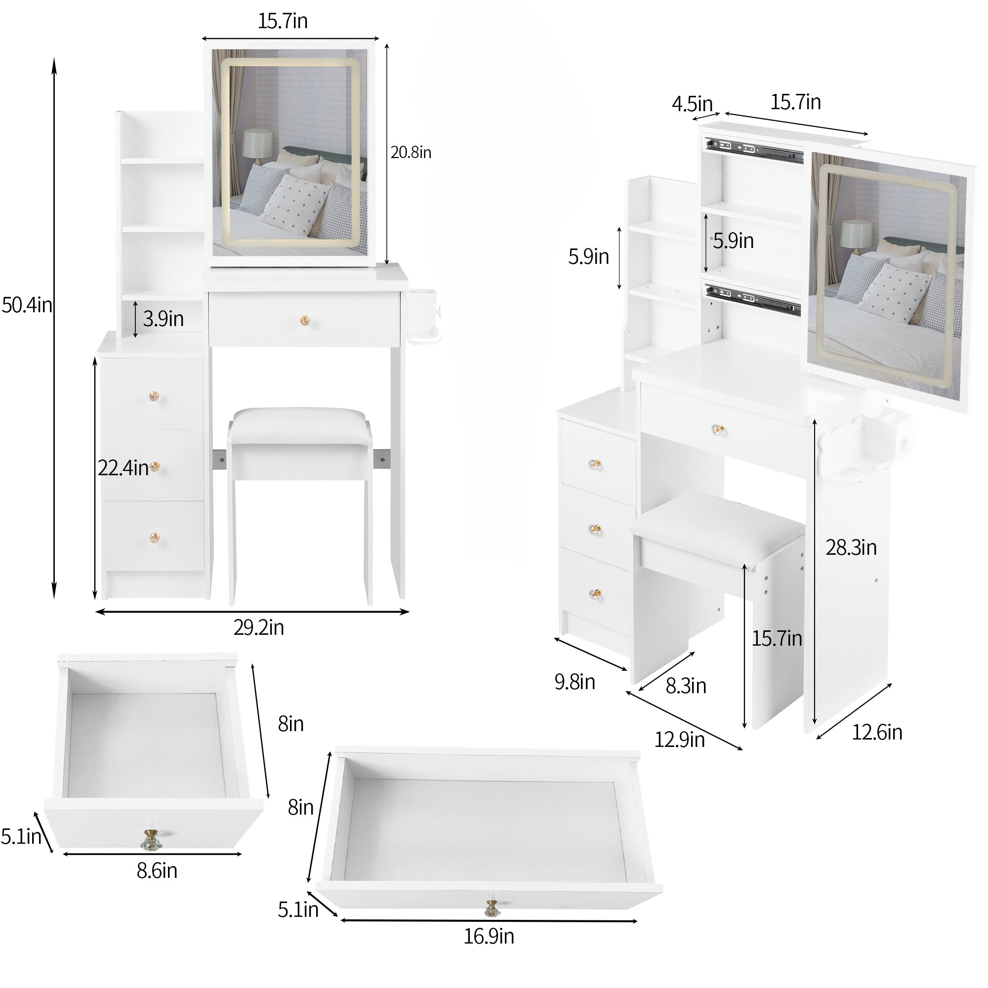 29.2' Small Size Left Bedside Cabinet Vanity Table + Cushioned Stool, 2 AC+2 USB Power Station, Hair dryer bracket, Extra Large Touch Control Sliding LED Mirror, Tri-color Switching, Brightness Adjust - Grand Goldman Shop