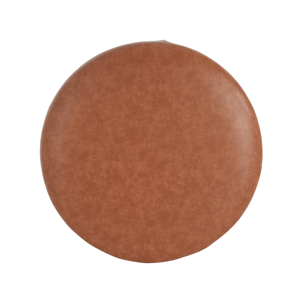 Upholstered Round Ottoman,PU Leather, Cognac Brown - Grand Goldman Shop