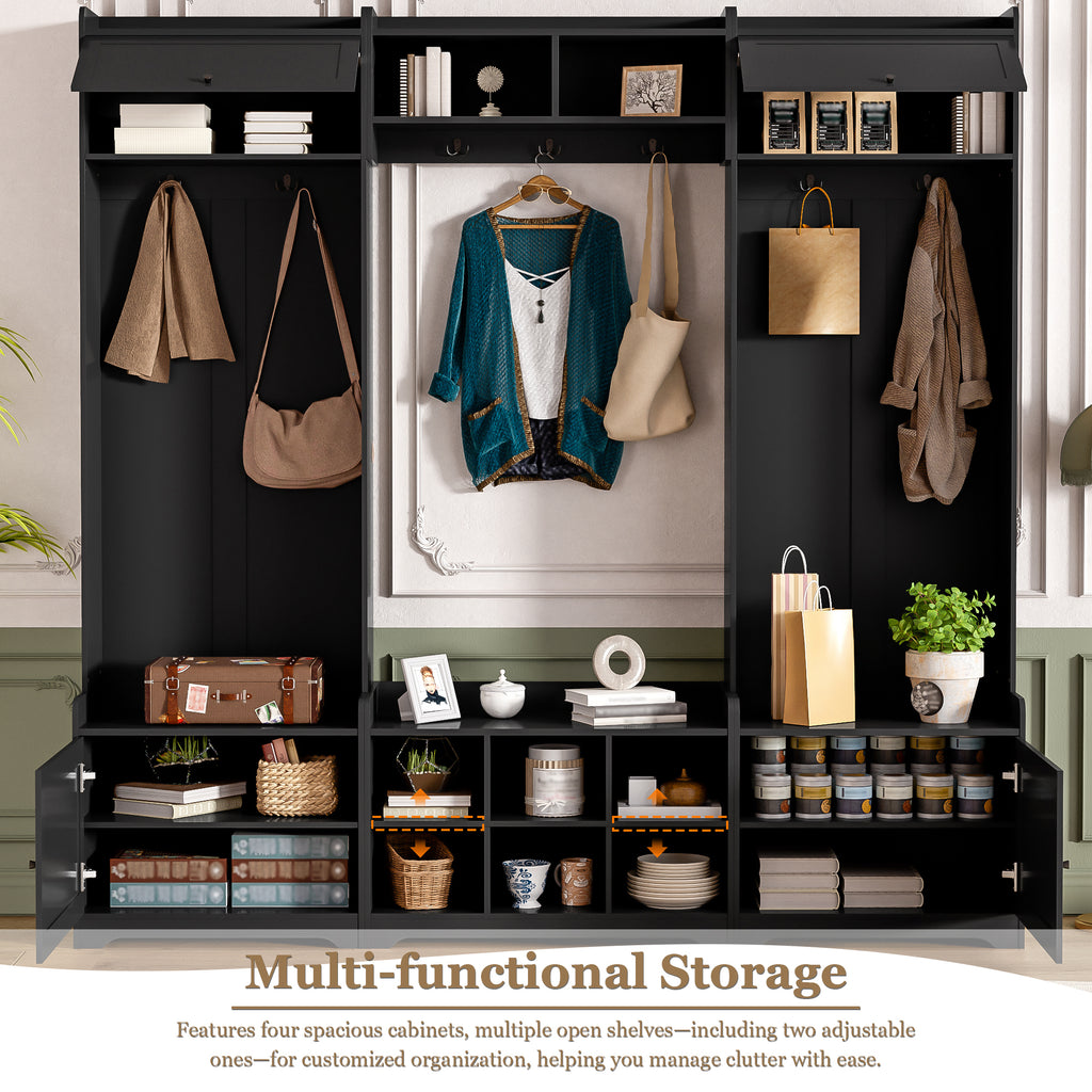 VIBE HAUS 79.1''Wide Modern Hall Tree with Shoe Storage, 4-in-1 Entryway Bench with 8 Cubbies, 7 Coat Hooks & Adjustable Shelf for Hallway, living room, Black - Grand Goldman Shop