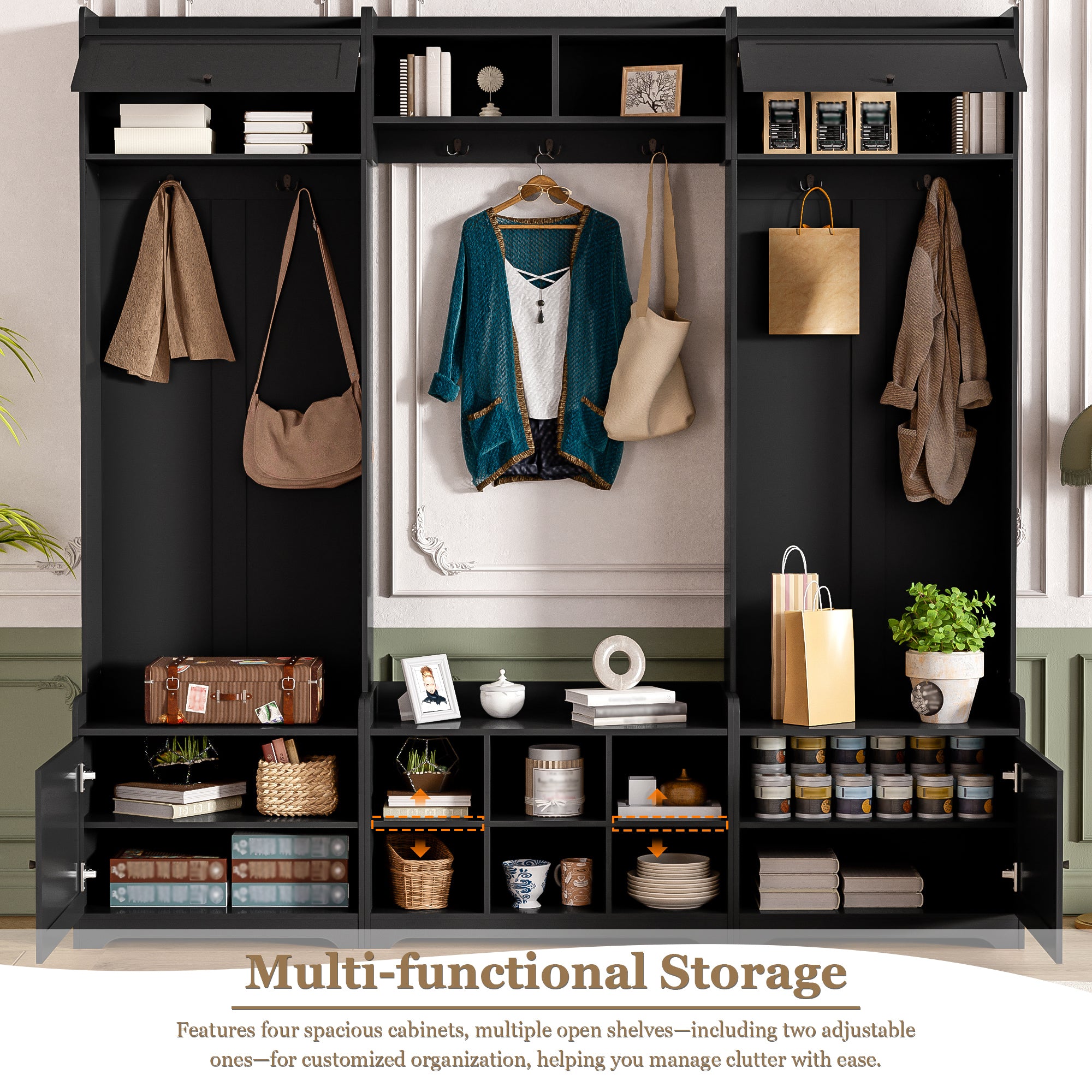 VIBE HAUS 79.1''Wide Modern Hall Tree with Shoe Storage, 4-in-1 Entryway Bench with 8 Cubbies, 7 Coat Hooks & Adjustable Shelf for Hallway, living room, Black - Grand Goldman Shop