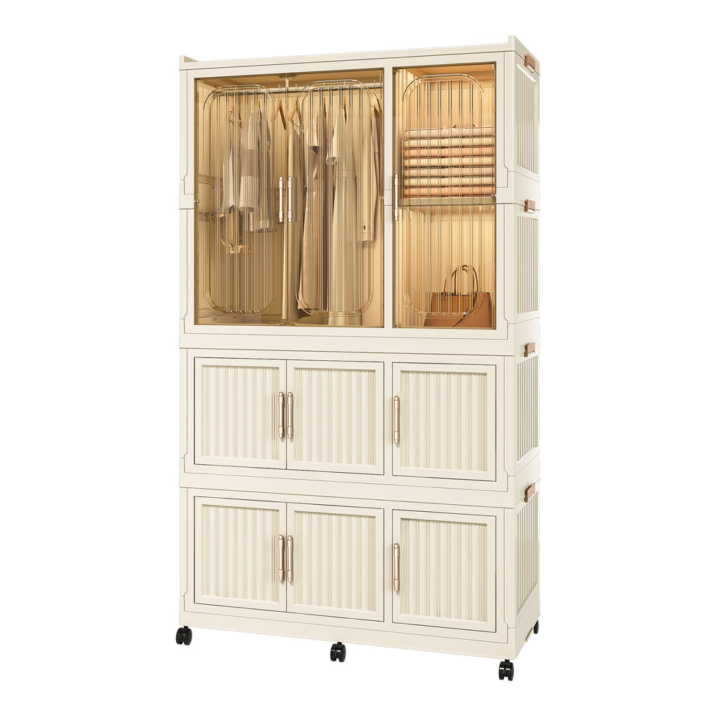 Portable Wardrobe Closet Storage Organizer with 9 Magnetic Doors, Cream White, - Grand Goldman Shop