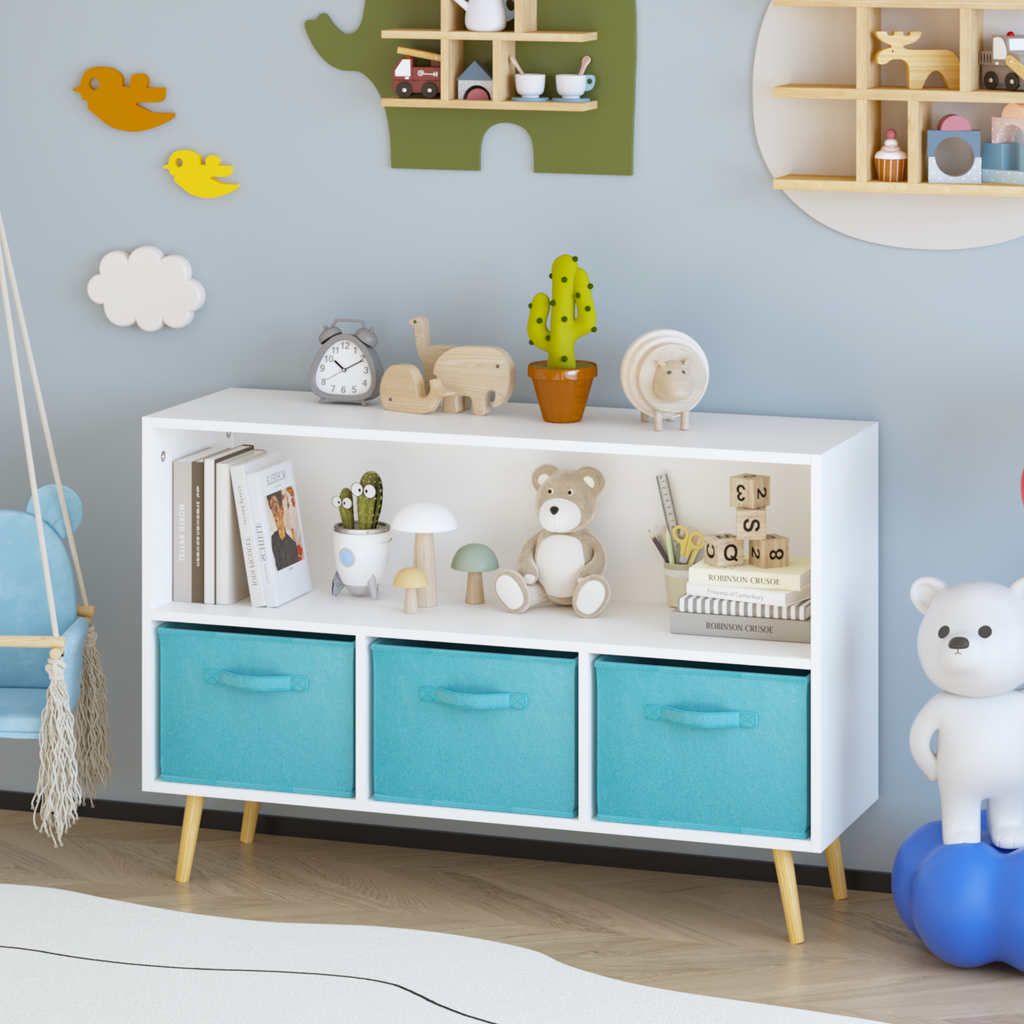 Kids bookcase with Collapsible Fabric Drawers, Children's Book Display, Toy Storage Cabinet Organizer, White/Blue - Grand Gol
