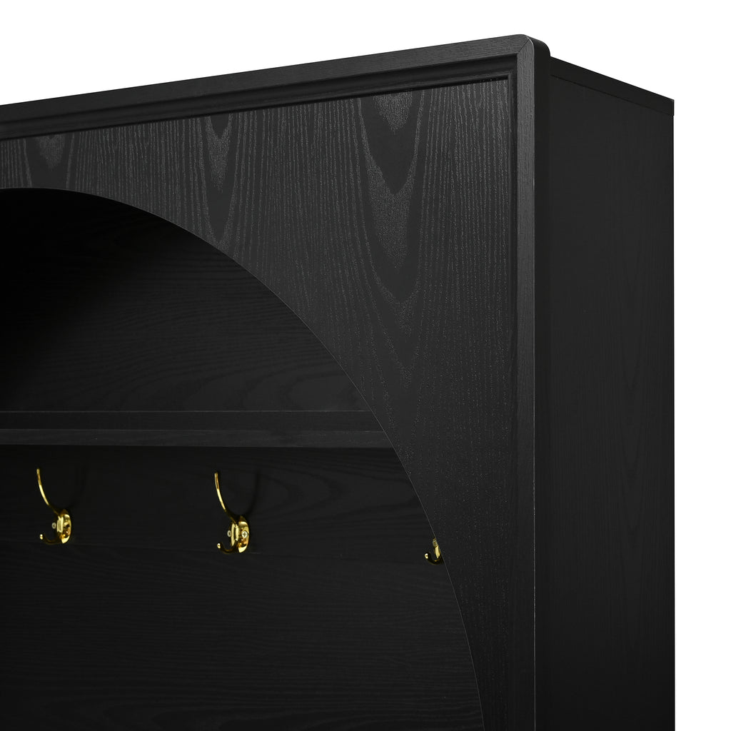 ON-TREND Farmhouse All-in-One Hall Tree with Adjustable Shelves, Retro Arched Entryway Storage Bench with 3 Cabinets, Wooden Coat Rack Organizer with 4 Golden Hooks for Mudroom, Hallway, Black - Grand Goldman Shop