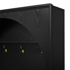 ON-TREND Farmhouse All-in-One Hall Tree with Adjustable Shelves, Retro Arched Entryway Storage Bench with 3 Cabinets, Wooden Coat Rack Organizer with 4 Golden Hooks for Mudroom, Hallway, Black - Grand Goldman Shop