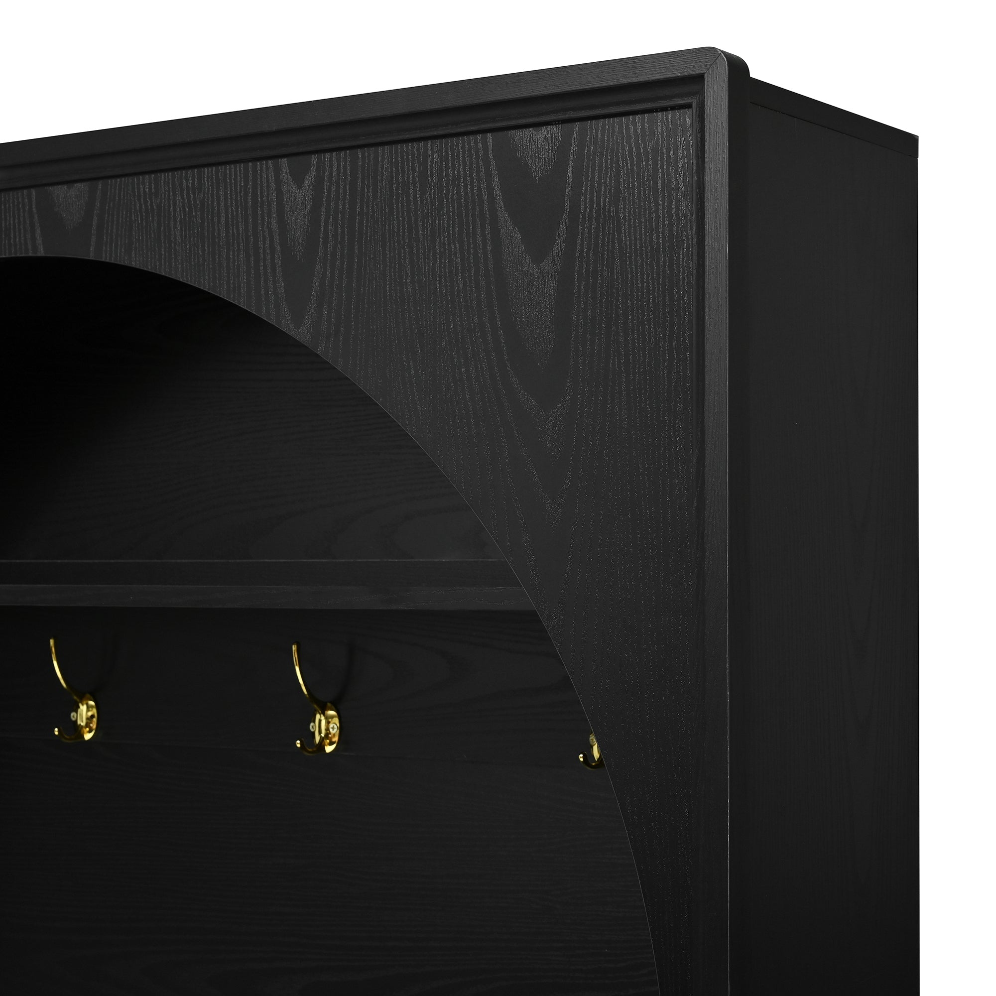 ON-TREND Farmhouse All-in-One Hall Tree with Adjustable Shelves, Retro Arched Entryway Storage Bench with 3 Cabinets, Wooden Coat Rack Organizer with 4 Golden Hooks for Mudroom, Hallway, Black - Grand Goldman Shop