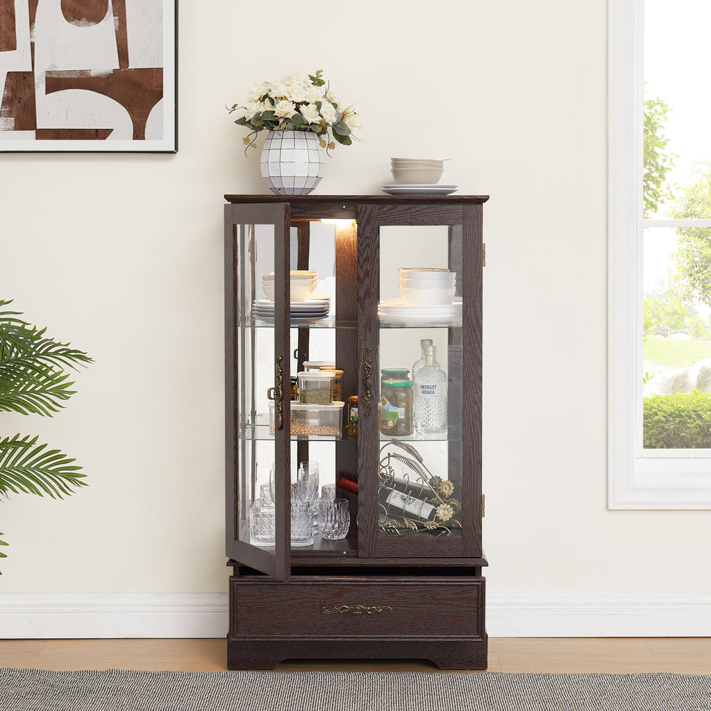 Glass Cabinet Lighted Glass Cabinet Curio Display Cabinet with Adjustable Glass Shelves 2 Doors and 1 drawer Cabinet Bulb Included Cherry - Grand Goldman Shop