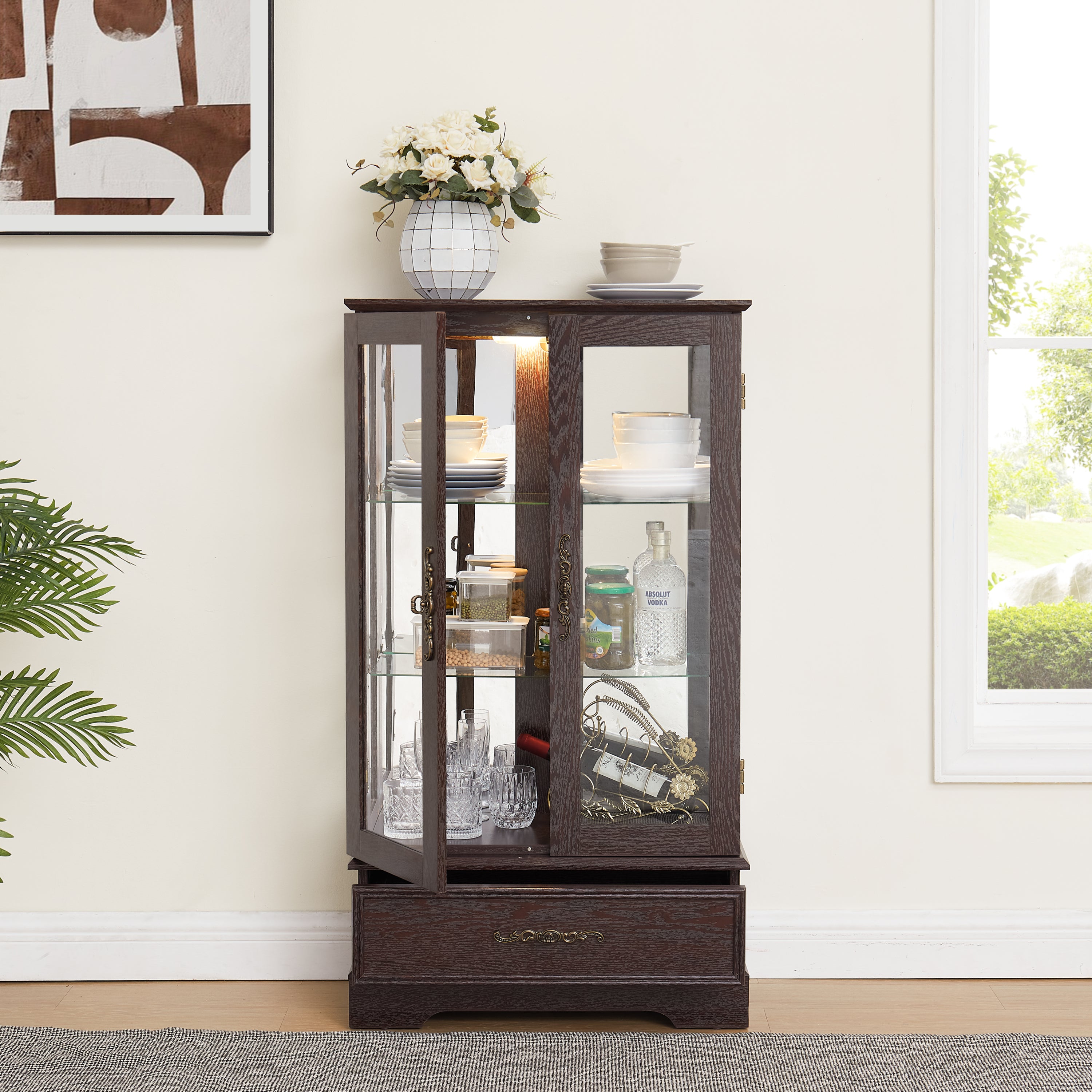 Glass Cabinet Lighted Glass Cabinet Curio Display Cabinet with Adjustable Glass Shelves 2 Doors and 1 drawer Cabinet Bulb Included Cherry - Grand Goldman Shop