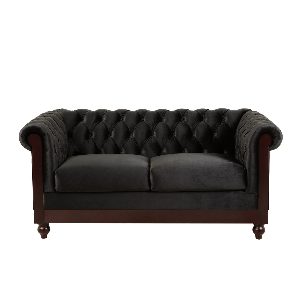 VIVALUX Chesterfield Velvet Loveseat Sofa, 2-Person Rolled Arm Upholstered Couch, Black, Pine Wood Frame, 59.44' - Grand Goldman Shop