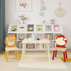 Lion & Monkey Wooden Activity Play Table Set for Kids, 3-Piece Toddler Table and Chair Set in Yellow & Red, Solid Wood & MDF,