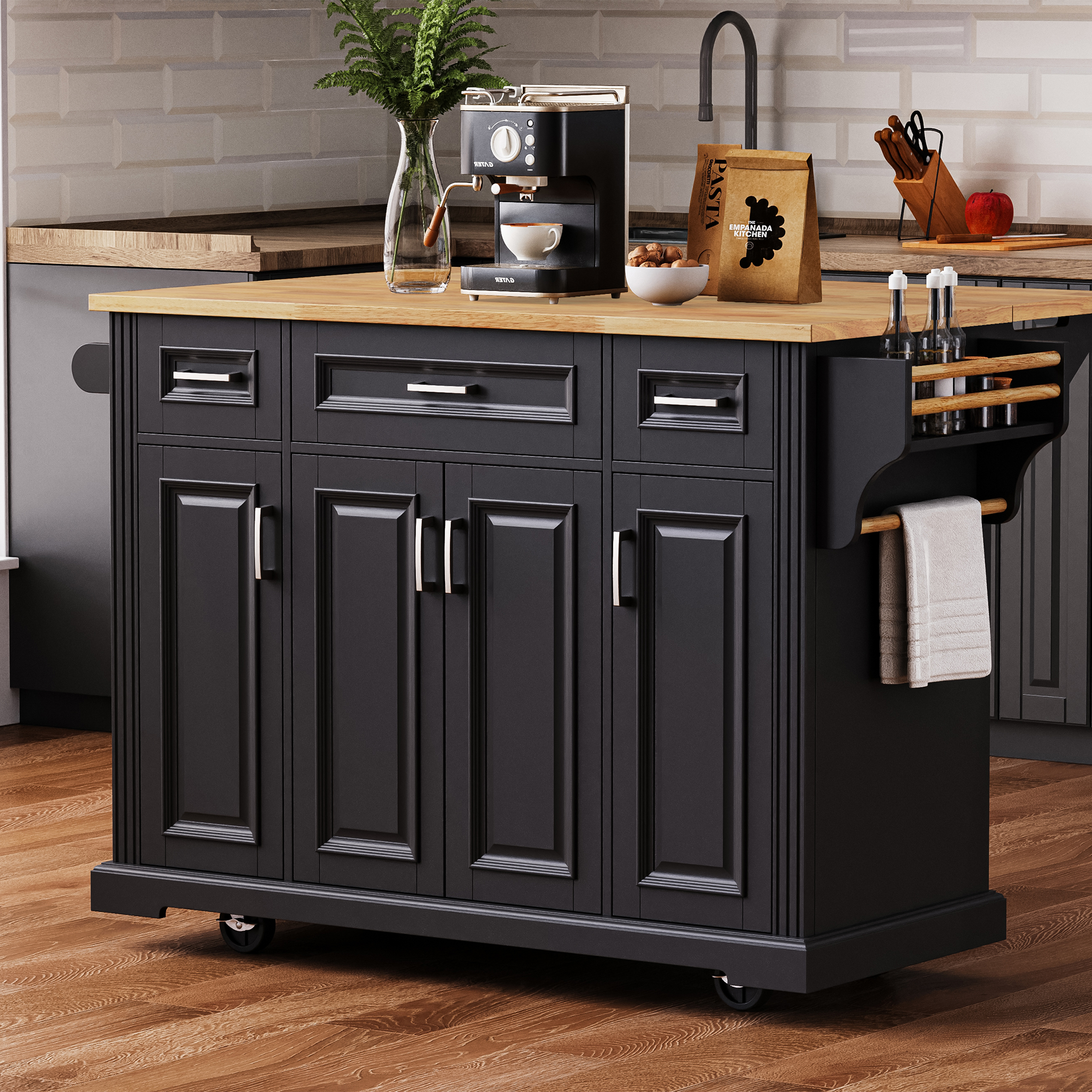 K&K 54inch Large Kitchen Island with Rubber Wood Drop Leaf, Embossed Texture Rolling Kitchen Cart on 4 Wheels with 4 Doors and 3 Drawers, Kitchen Island with Storage for Kitchen, Dining Room,Black - Grand Goldman Shop
