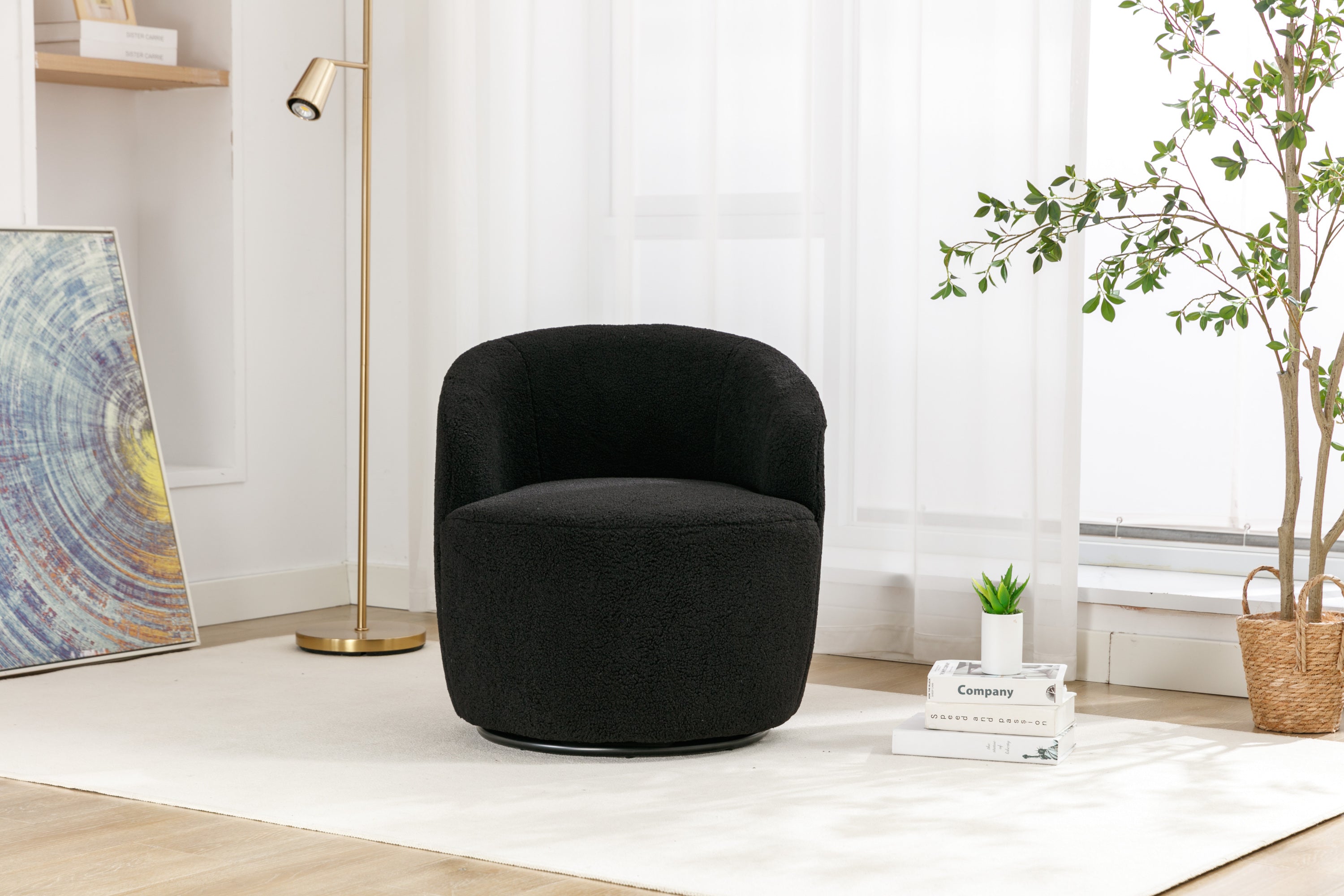 Teddy Fabric Swivel Accent Armchair Barrel Chair With Black Powder Coating Metal Ring,Black - Grand Goldman Shop