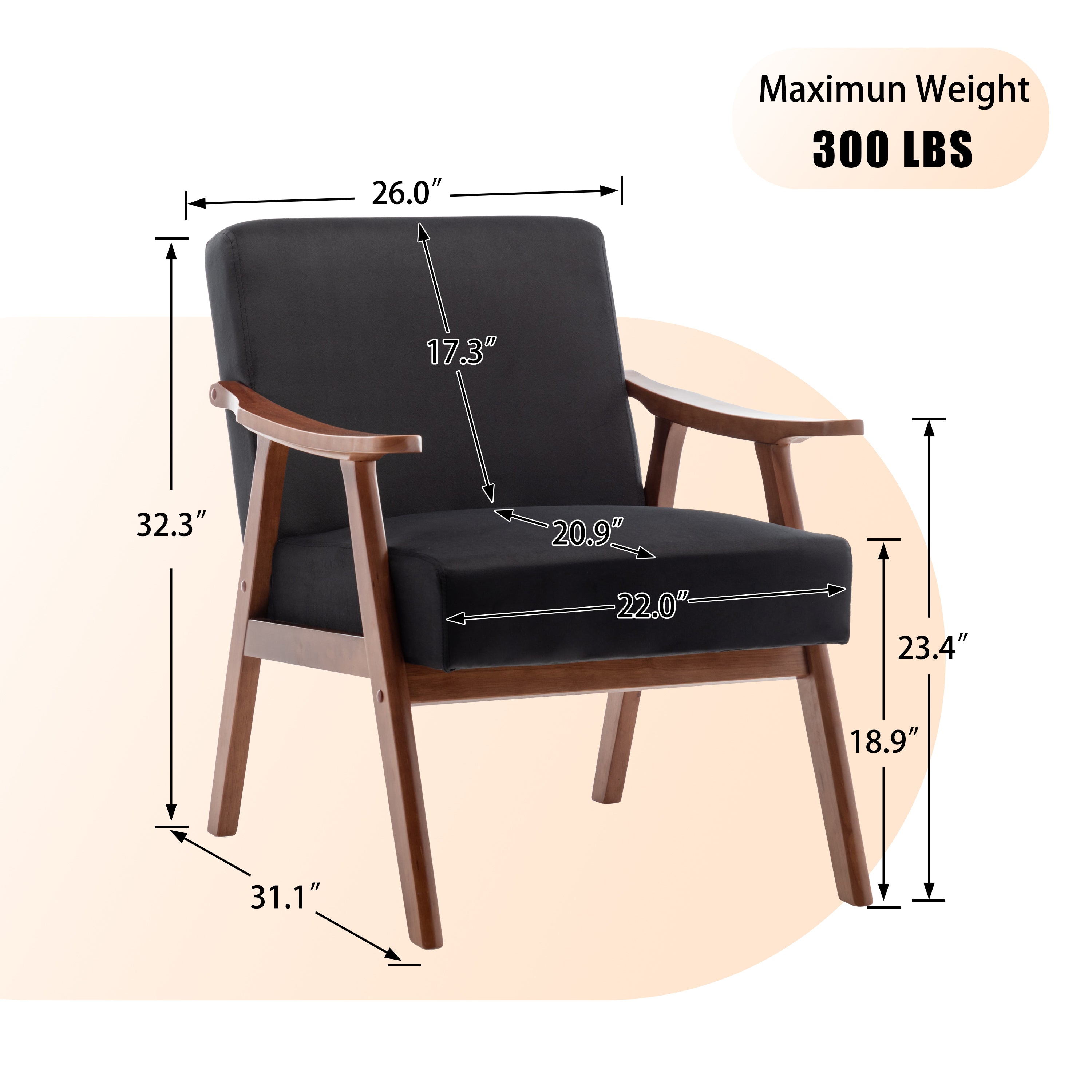 Mid-Century Modern Wingback Accent Chair with Solid Wood Frame and Extra-Thick Backrest – Lounge Chair for Living Room, Bedroom, or Reading Room - Grand Goldman Shop