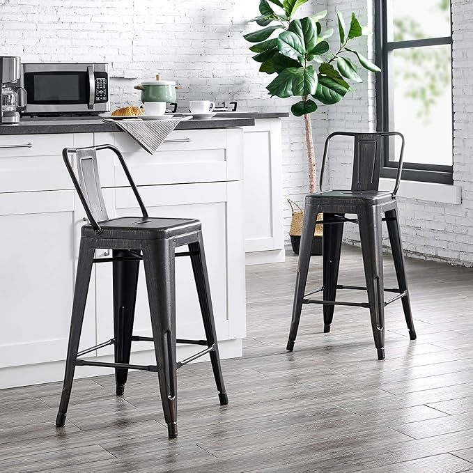 24' Sanded Matte Black Industrial Contemporary Rustic Metal Barstools with Bucket Back, Set of 4 - Grand Goldman