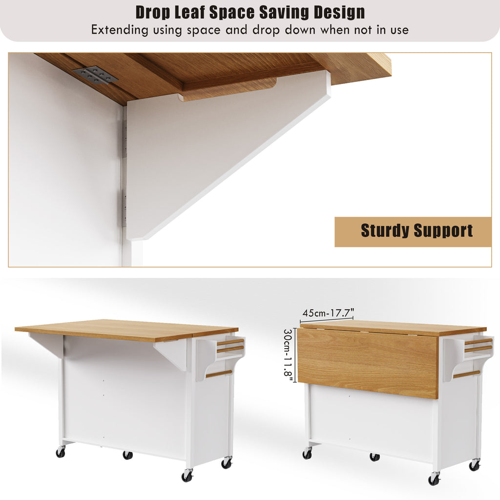 K&K 52'' Kitchen Island with Drop Leaf, Embossed Texture Kitchen Island on Wheels with Spice Rack, Towel Rack, 2 Doors and 5 Drawers, Kitchen Storage Cart with Adjustable Shelf for Kitchen, White - Grand Goldman Shop