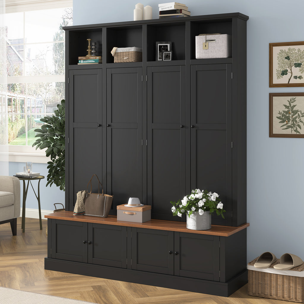 76.7''H Farmhouse Hall Tree with Bench and Cabinet, 4-in-1 Entryway Bench with Coat Rack, Modern Entryway Storage Organizer with Open Cubbies & Hooks for Hallway, Entryway, Living Roo - Grand Goldman Shop