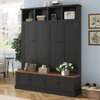 76.7''H Farmhouse Hall Tree with Bench and Cabinet, 4-in-1 Entryway Bench with Coat Rack, Modern Entryway Storage Organizer with Open Cubbies & Hooks for Hallway, Entryway, Living Roo - Grand Goldman Shop