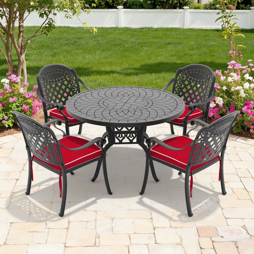 5-Piece Set Of Cast Aluminum Patio Furniture With Red Cushions