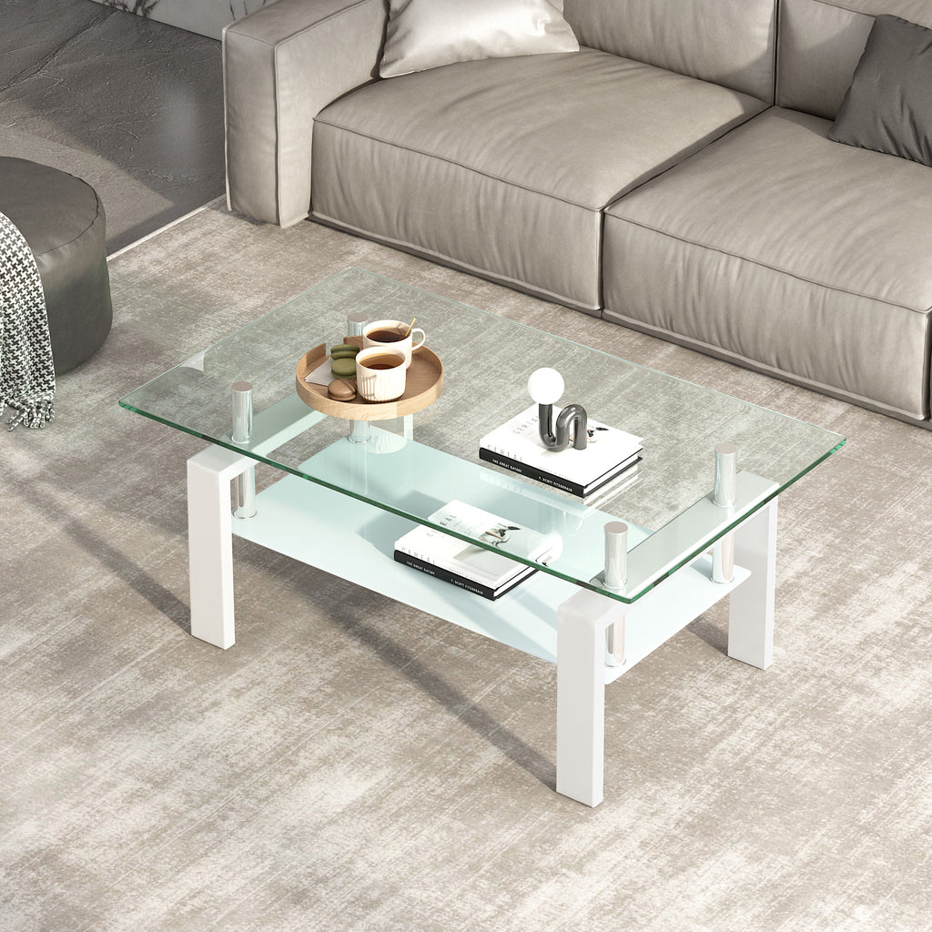 Luxury Modern Tempered Clear Glass Coffee Table with 2-Layers and Solid MDF Frame for Living Room - Grand Goldman Shop