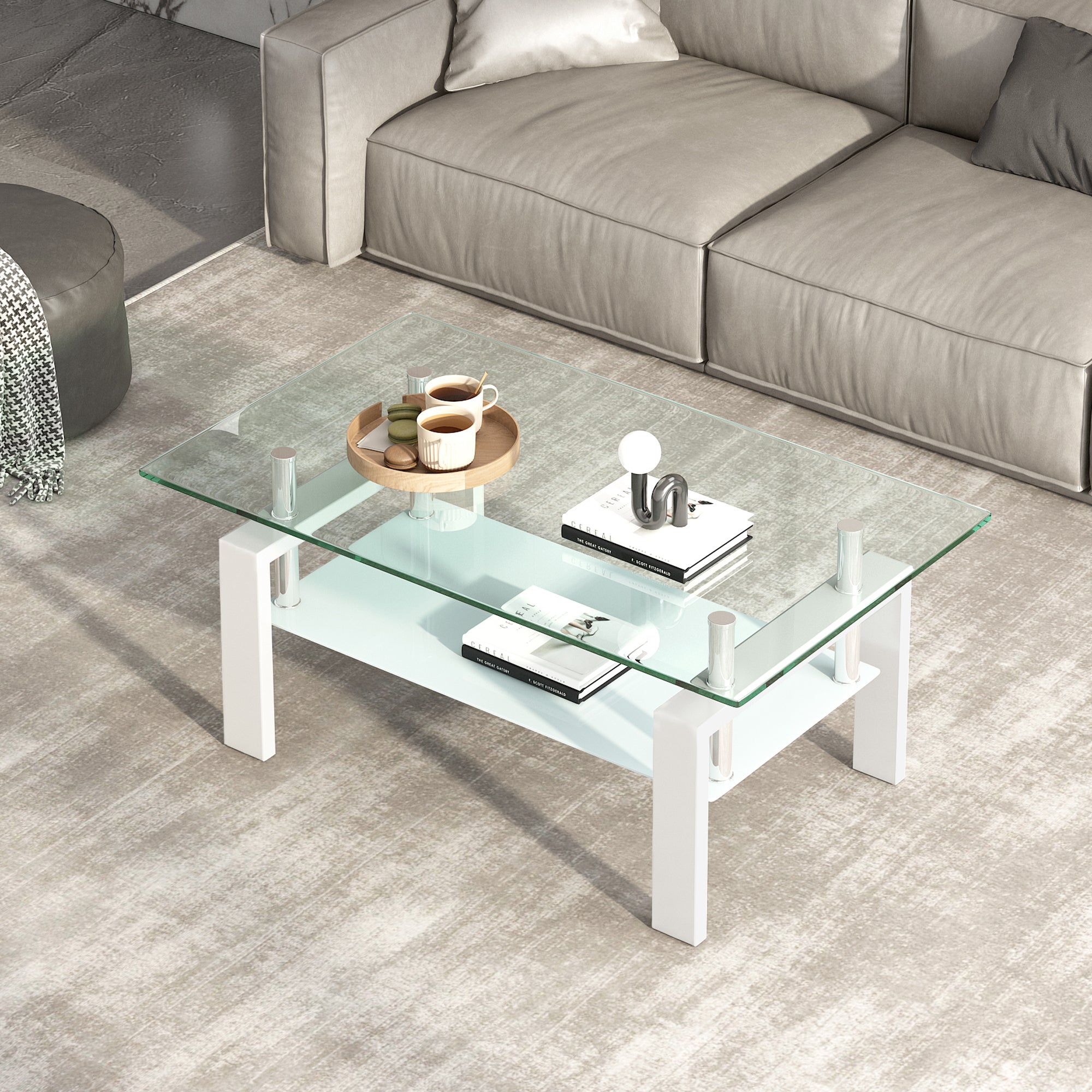 Luxury Modern Tempered Clear Glass Coffee Table with 2-Layers and Solid MDF Frame for Living Room - Grand Goldman Shop