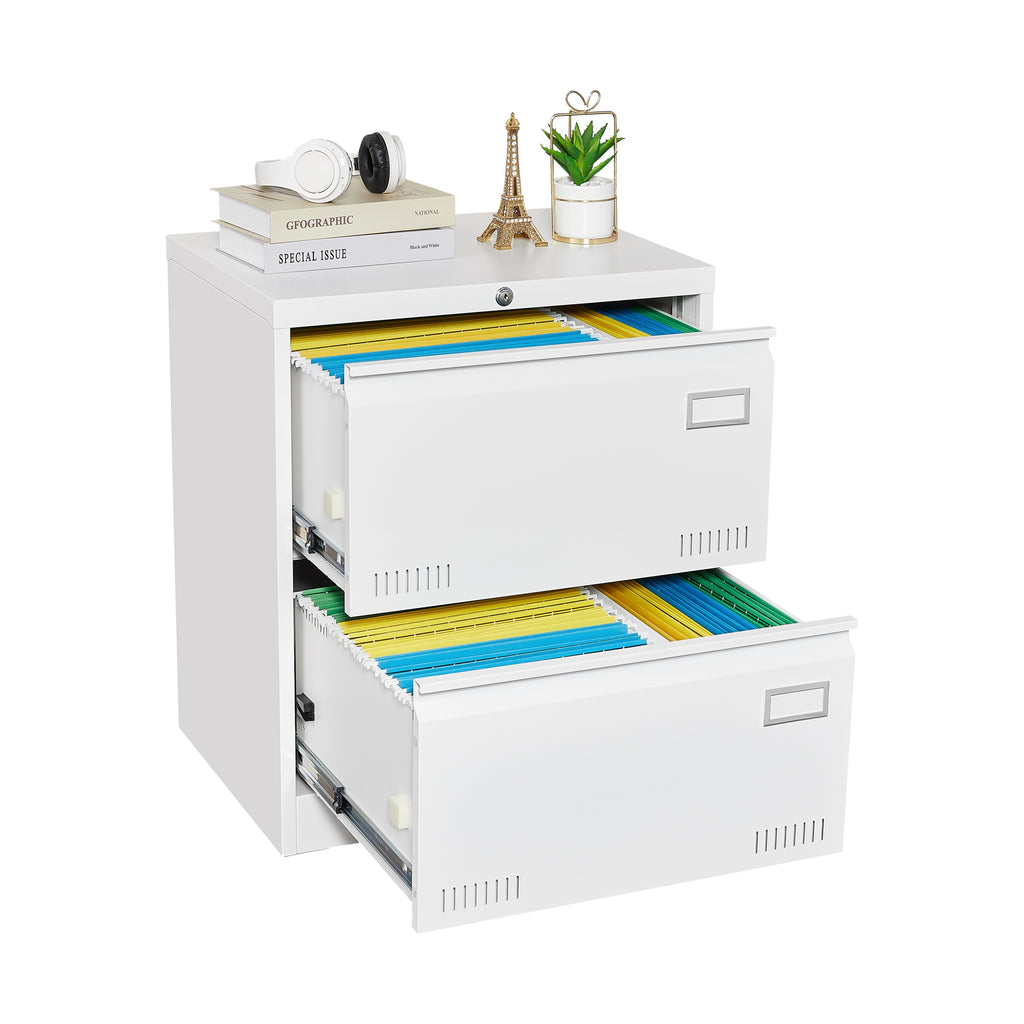 White Metal Lateral File Cabinet with Lock, 3 Drawers for Office/Home, Anti-Tip Design - Grand Goldman