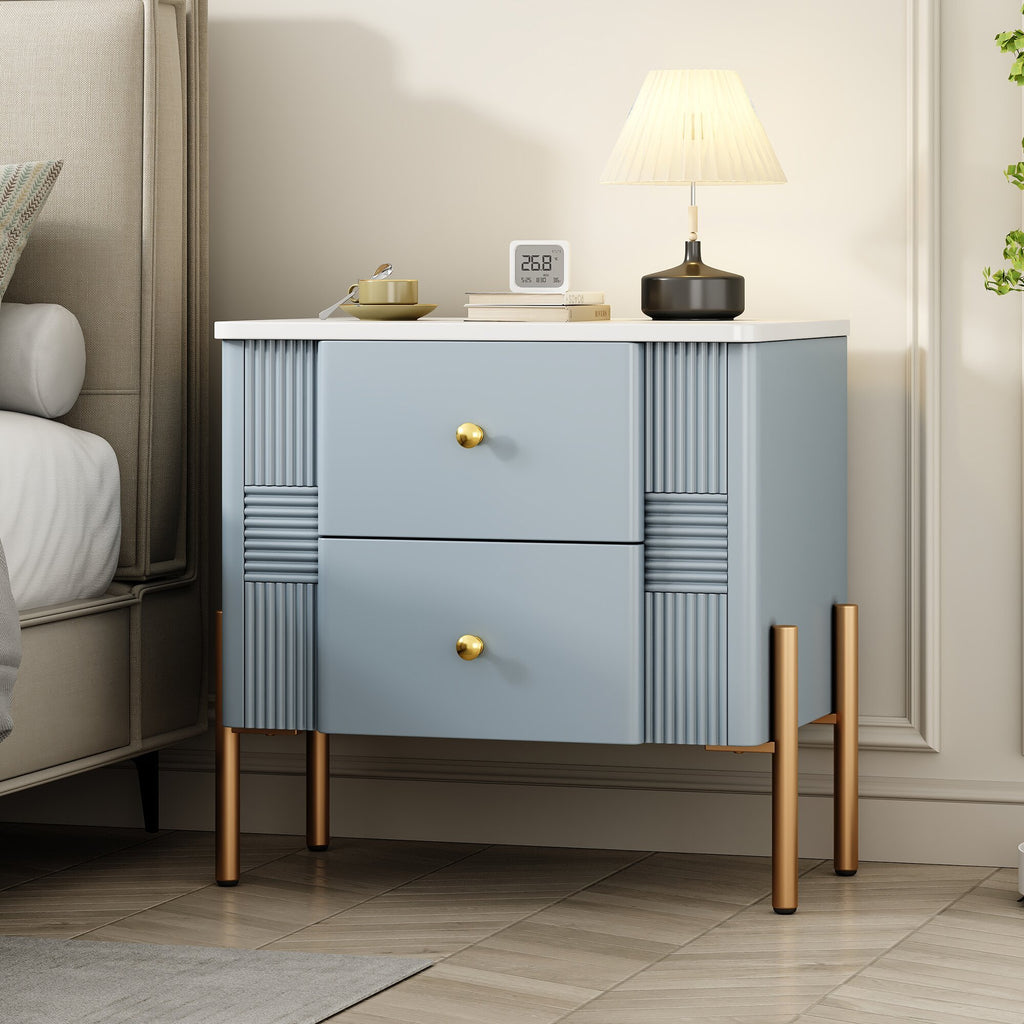 Modern Nightstand with 2 Storage Drawer, Fluted Bedside Table with Golden Metal Handles and Legs, End Table for Living Room and Bedroom, Easy Assembly, Blue - Grand Goldman Shop