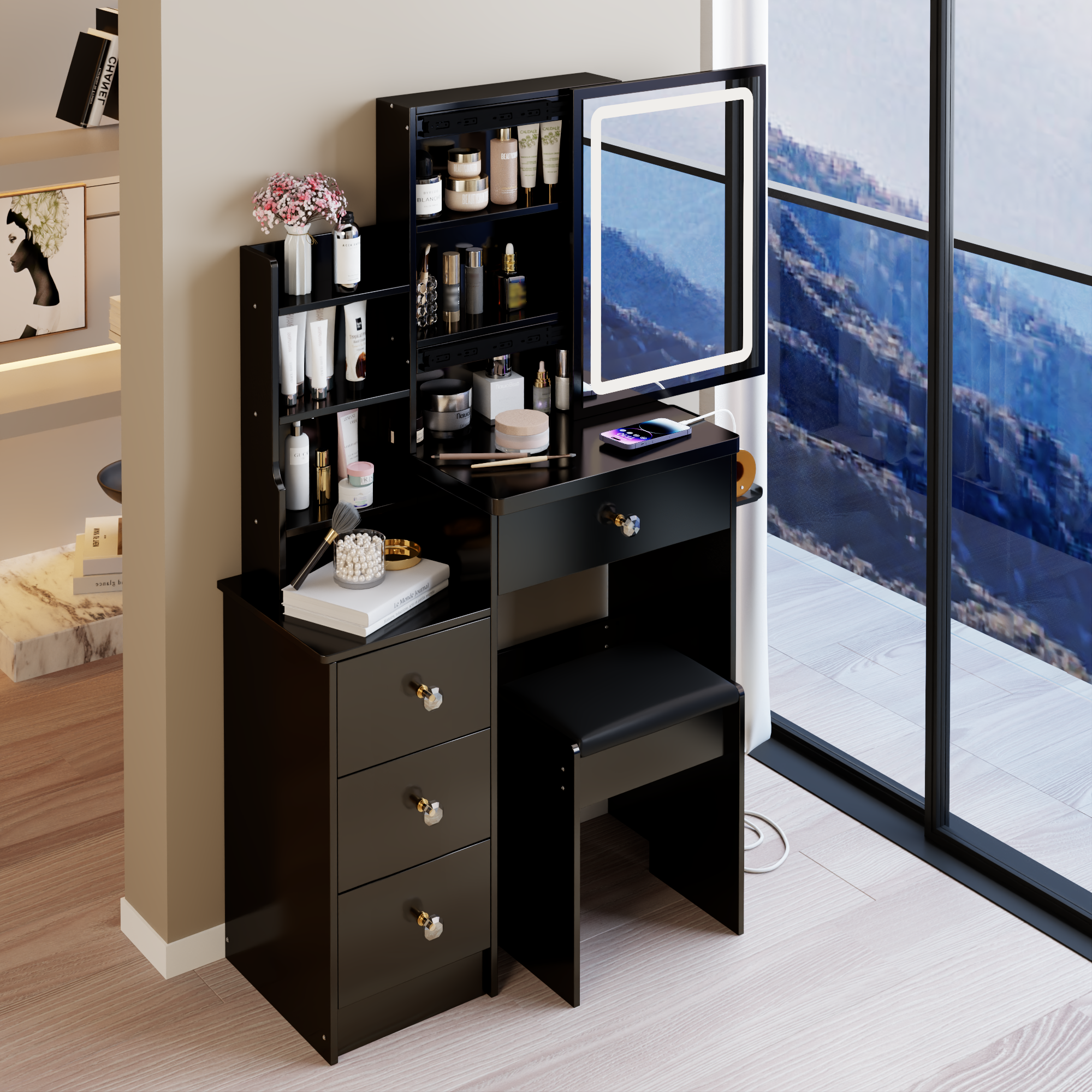 29.2' Small Size Left Bedside Cabinet Vanity Table + Cushioned Stool, 2 AC+2 USB Power Station, Hair dryer bracket, Extra Large Touch Control Sliding LED Mirror, Tri-color Switching, Brightness Adjust - Grand Goldman Shop