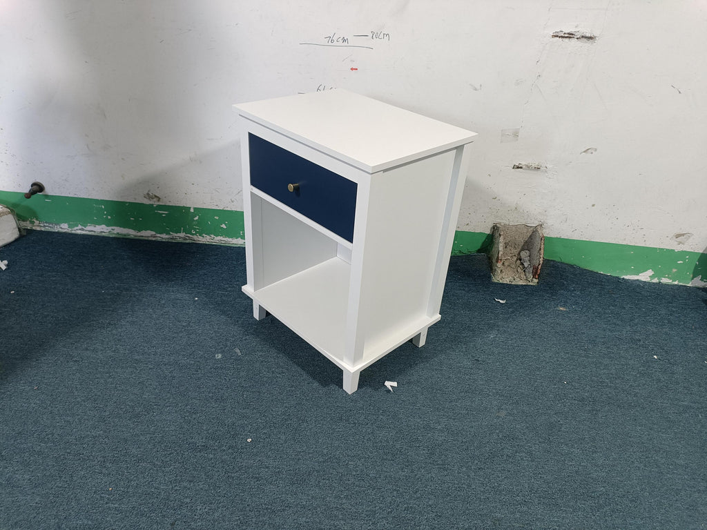 Navy+Golden Handle Wooden Nightstand with One Drawer One Shelf for Kids and Adults, White+Navy Finish, MDF Material, 26.77''H - Grand Goldman Shop