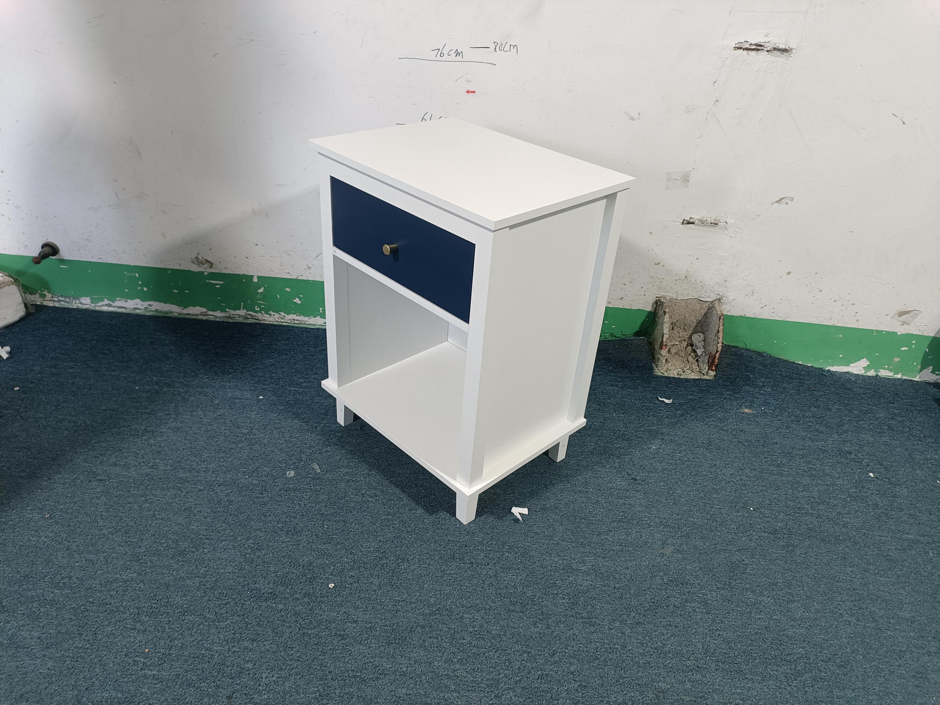 Navy+Golden Handle Wooden Nightstand with One Drawer One Shelf for Kids and Adults, White+Navy Finish, MDF Material, 26.77''H - Grand Goldman Shop