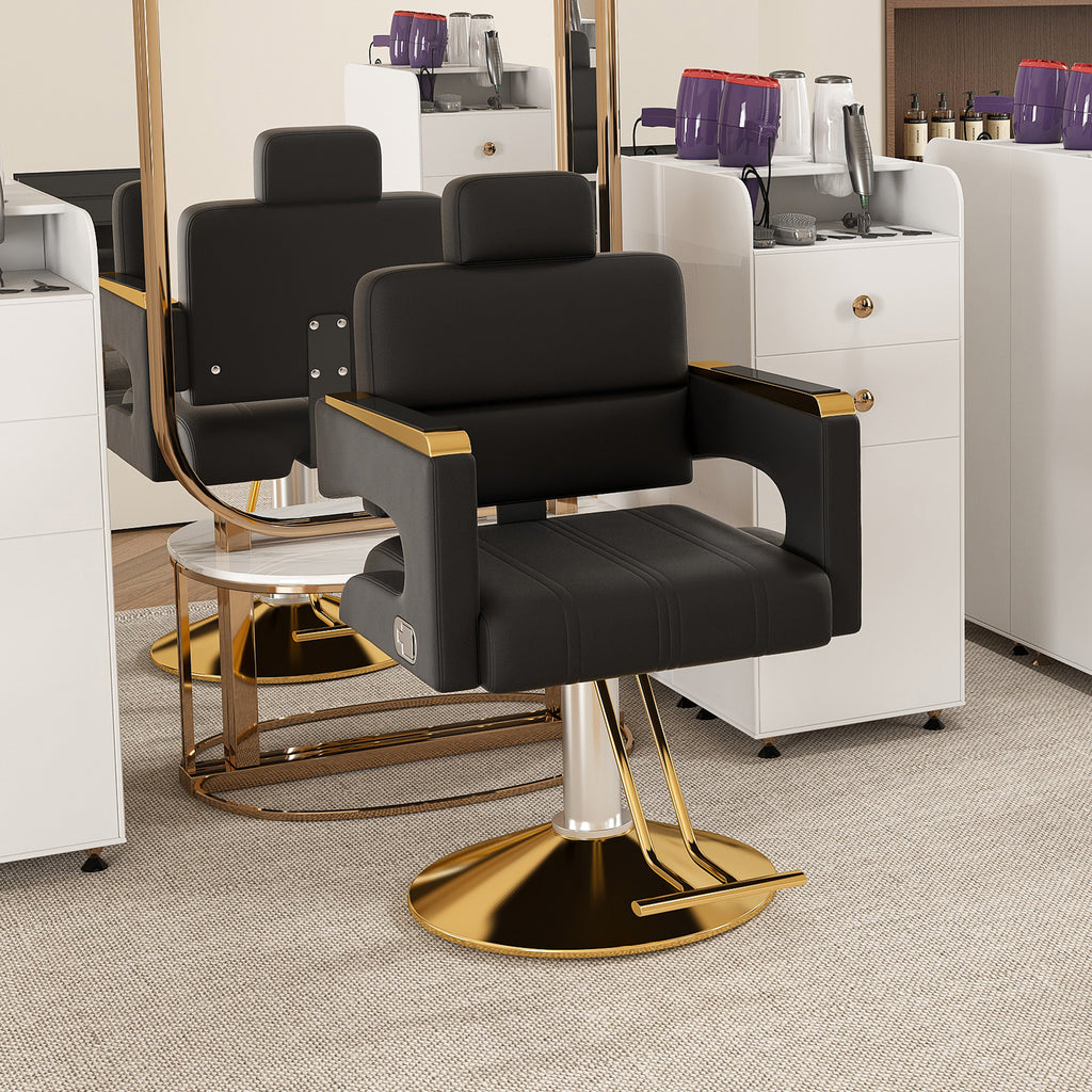 Professional Hydraulic Barber Chair with 360° Swivel, Adjustable Height, Stainless Steel Armrests & Reclining Backrest in Black & Gold - Grand Goldman Shop