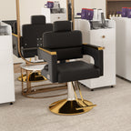 Professional Hydraulic Barber Chair with 360° Swivel, Adjustable Height, Stainless Steel Armrests & Reclining Backrest in Black & Gold - Grand Goldman Shop