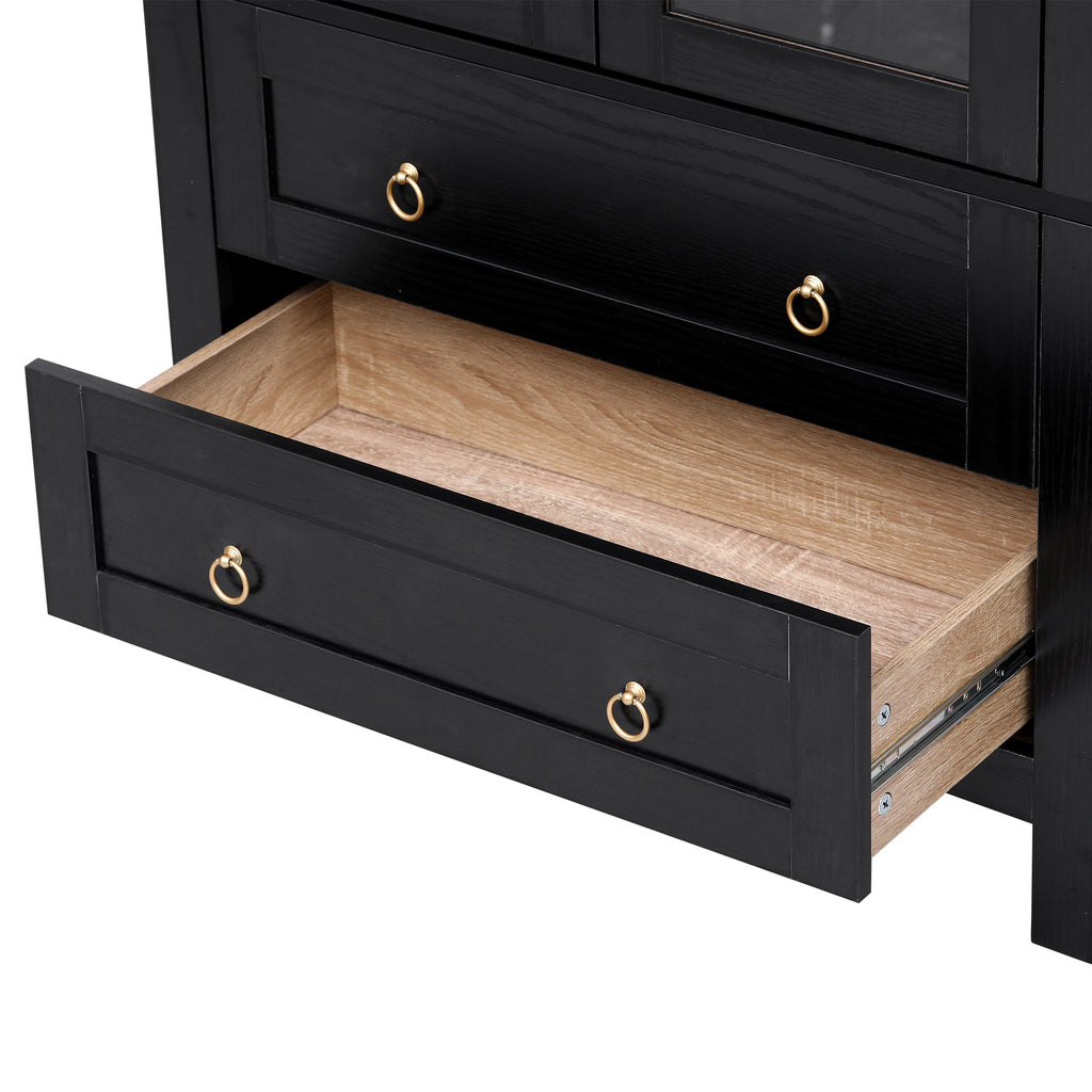 K&K 71' Tall Arched Kitchen Pantry Cabinet with 2 Large Drawers, Modern Farmhouse Kitchen Storage Cabinets with Adjustable Shelves, Glass Door, Wood Versatile Cupboard for Kitchens, Dining Room, Black - Grand Goldman Shop