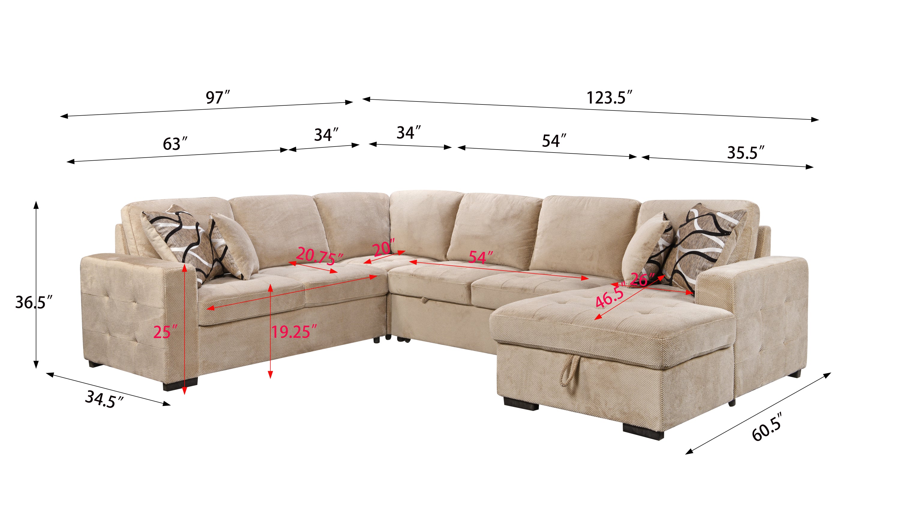 123' Oversized Sectional Sofa with Storage Chaise, U Shaped Sectional Couch with 4 Throw Pillows for Large Space Dorm Apartment. Beige - Grand Goldman Shop