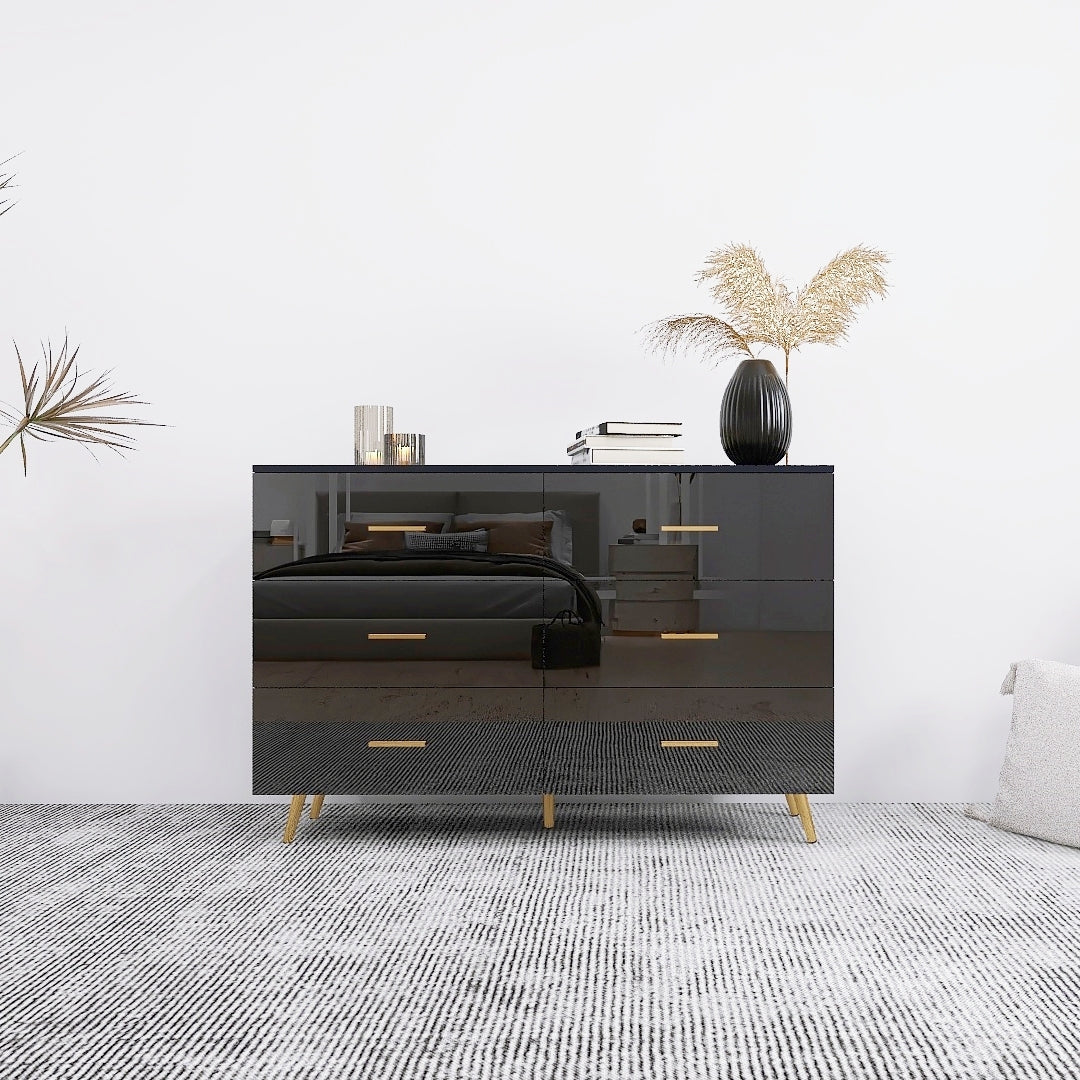 High Glossy Surface 6 Drawers Chest of Drawer with Golden Handle and Golden Steel Legs Black Color Vanity - Grand Goldman Shop
