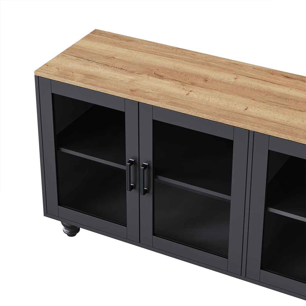 Farmhouse TV Stand with Solid Wood Gourd-Shaped Legs for TVs Up to 70', Entertainment Center with Bookshelves & Tempered Glass Doors, Media Console with Adjustable Shelves, Living Room, Black - Grand Goldman Shop