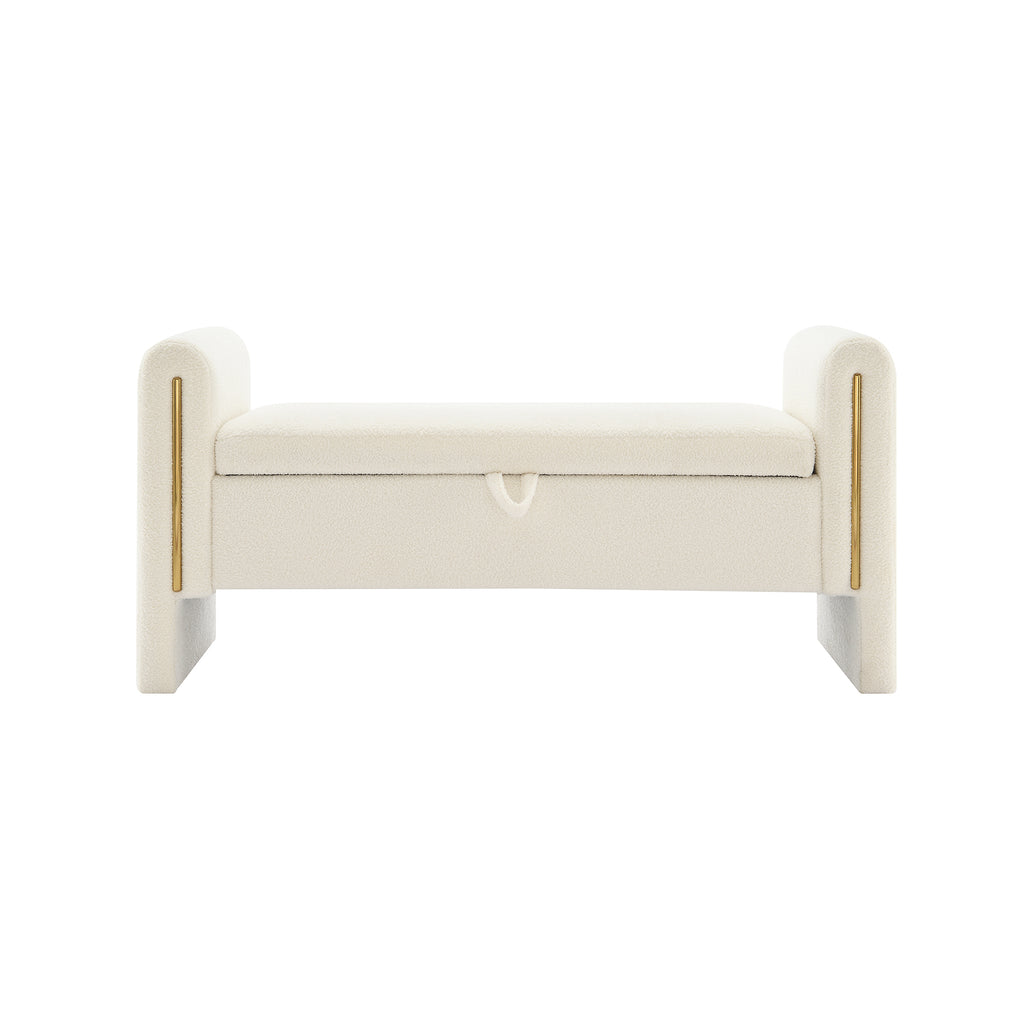 Modern Teddy Bed End Bench with Arms and Storage, Upholstered Large Foot Rest Stool, Cream Plywood, 52.3 x 18.5 x 24.4 inches - Grand Goldman Shop
