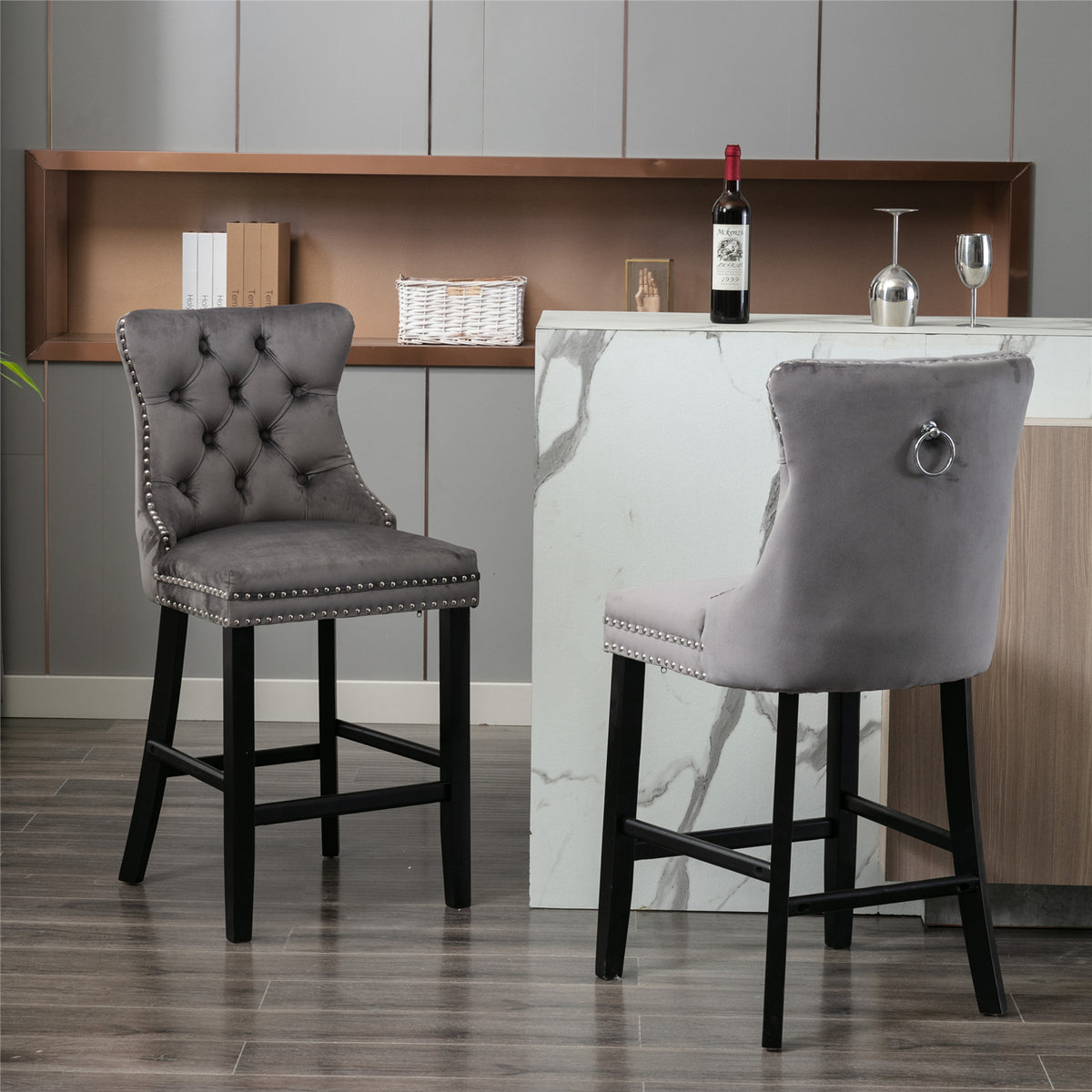 Contemporary Velvet Upholstered Barstools with Button Tufted Decoration and Wooden Legs, and Chrome Nailhead Trim, Leisure Style Bar Chairs,Bar stools, Set of 2 (Gray),SW1902GY - Grand Goldman Shop