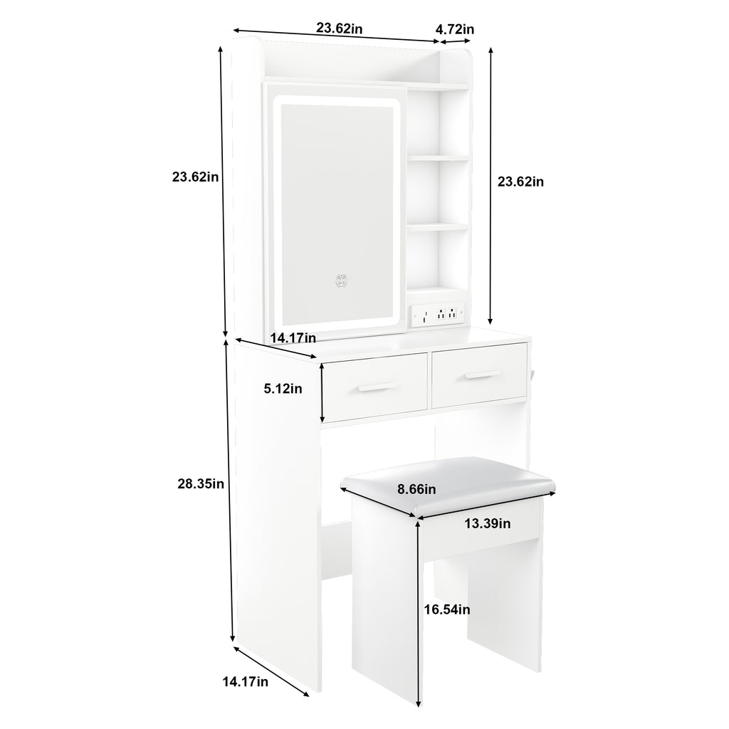 Space-Saving White Makeup Vanity Desk with Mirror & Adjustable LED Lights, Built-in Power Outlet, Hidden Storage, Includes Stool & Shelf - Grand Goldman Shop