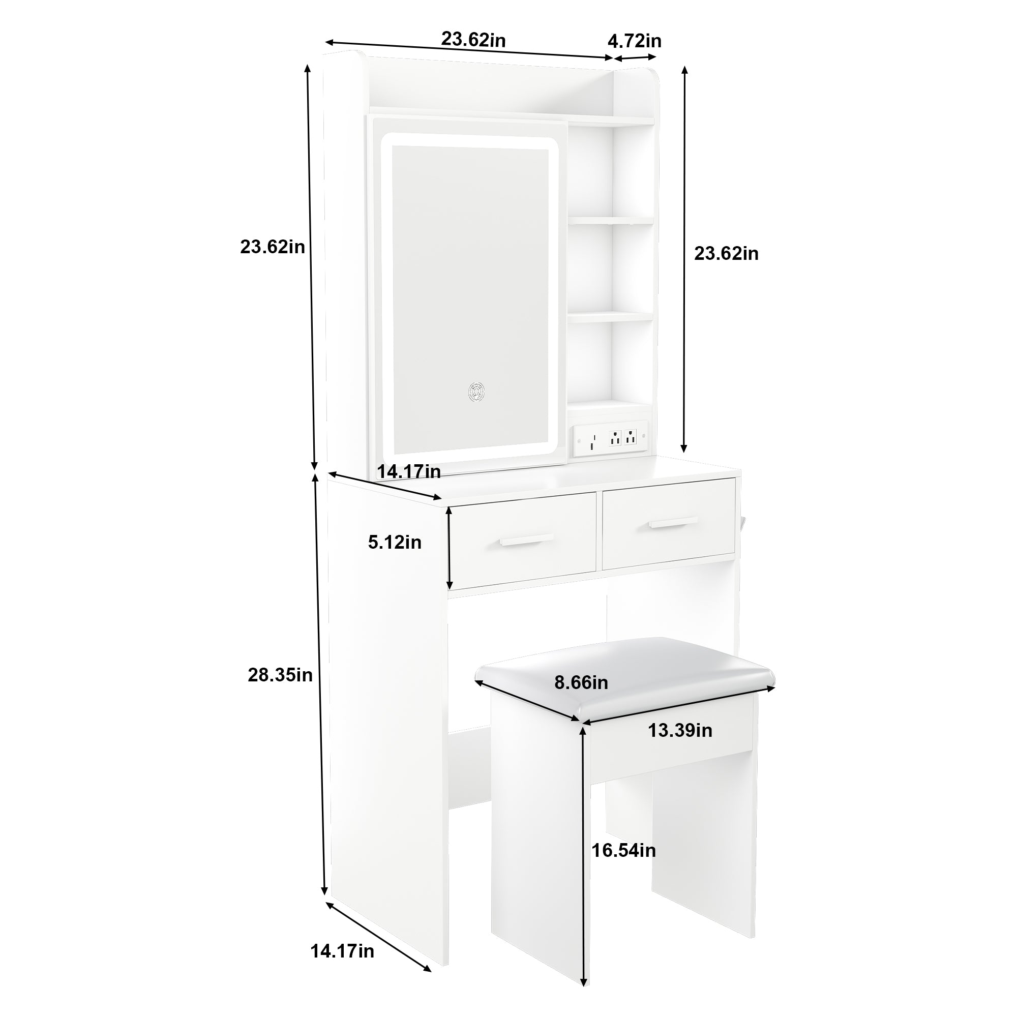 Space-Saving White Makeup Vanity Desk with Mirror & Adjustable LED Lights, Built-in Power Outlet, Hidden Storage, Includes Stool & Shelf - Grand Goldman Shop